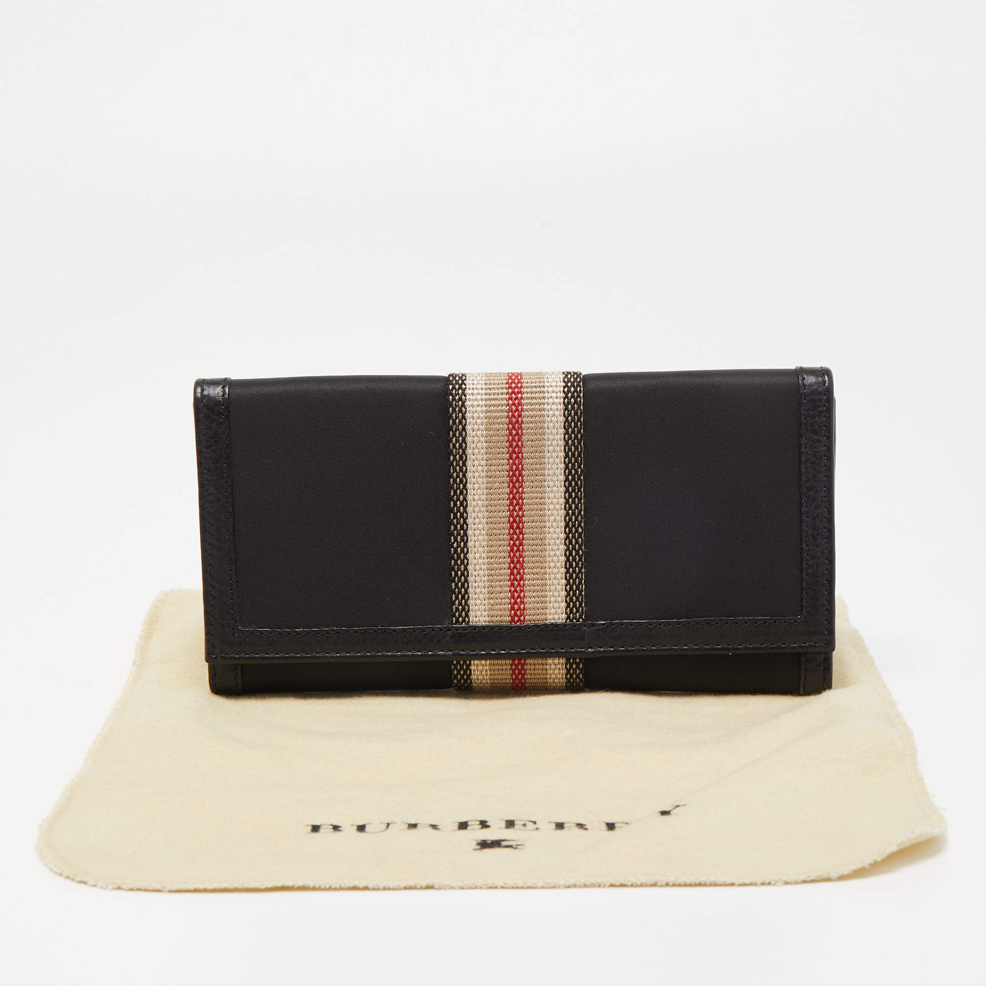 Burberry Black Nylon and Leather Flap Continental Wallet Burberry