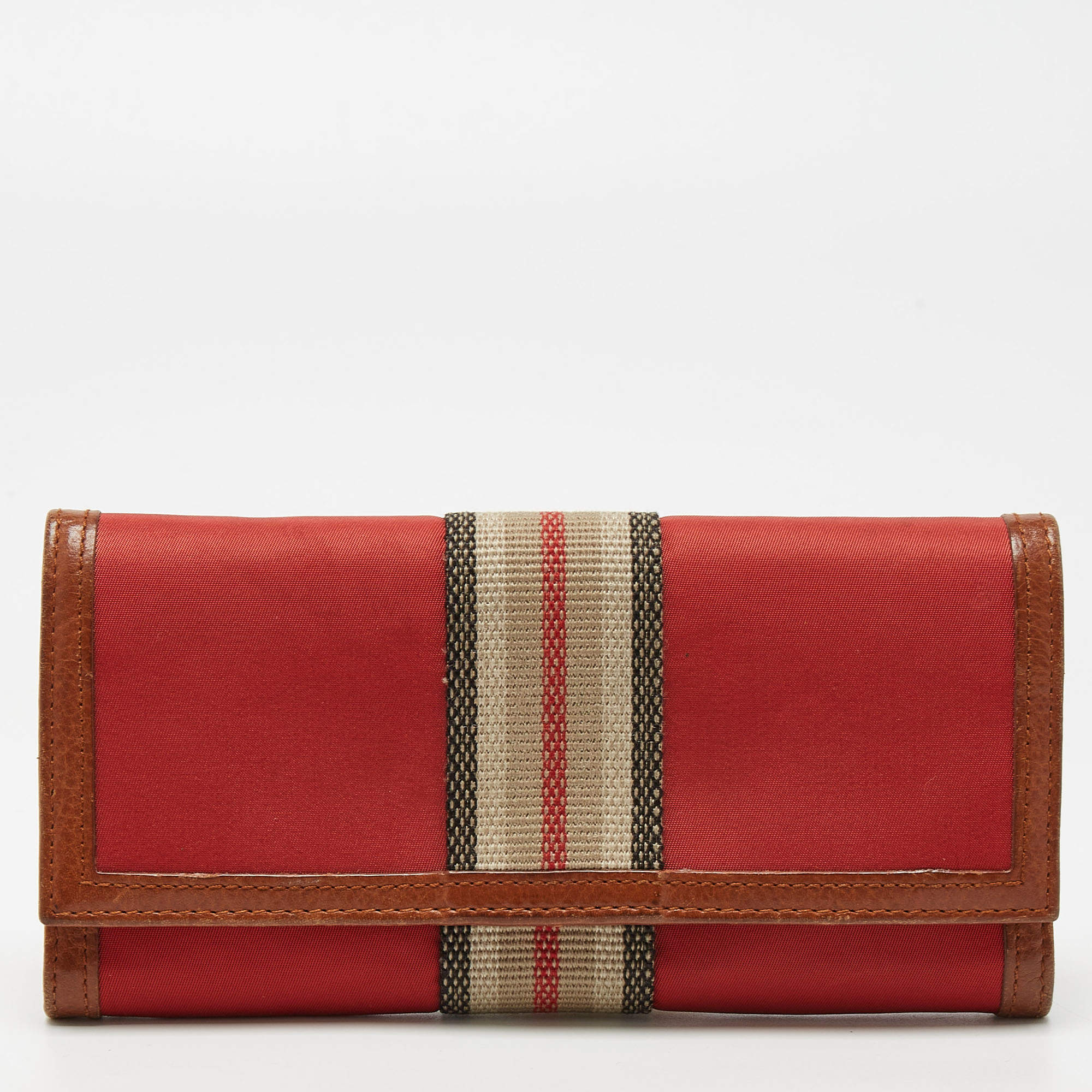 Pre Owned Burberry Red/Brown Nylon and Leather Stripe Flap Continental Wallet