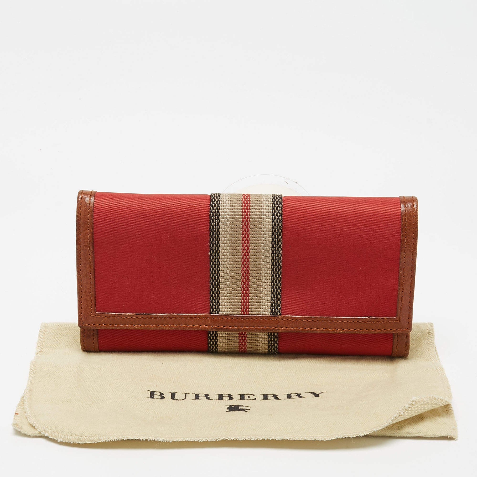 Burberry Red/Brown Nylon and Leather Stripe Flap Continental Wallet Burberry
