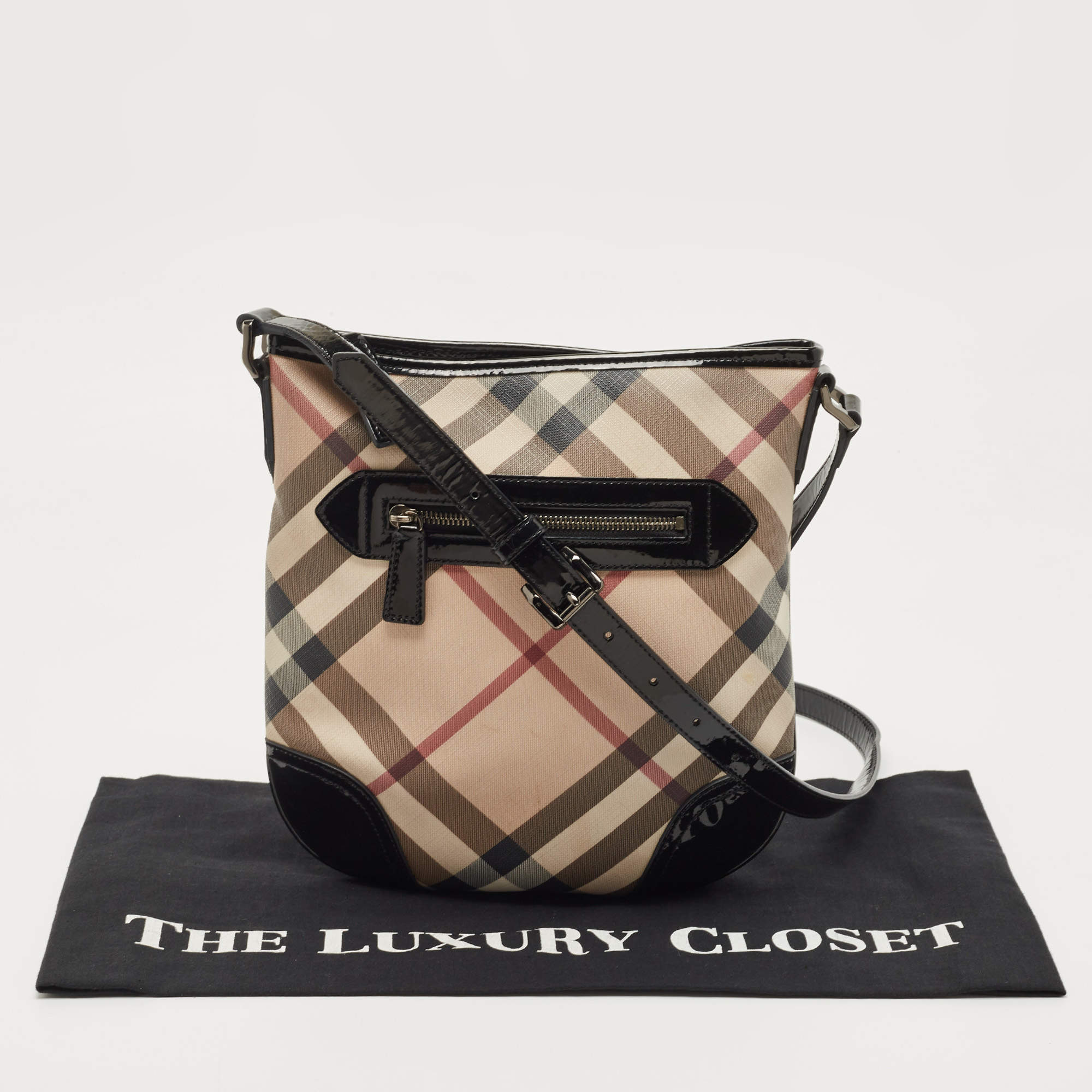 Burberry Beige/Red Supernova Star Check Coated Canvas and Leather Crossbody Bowling Bag