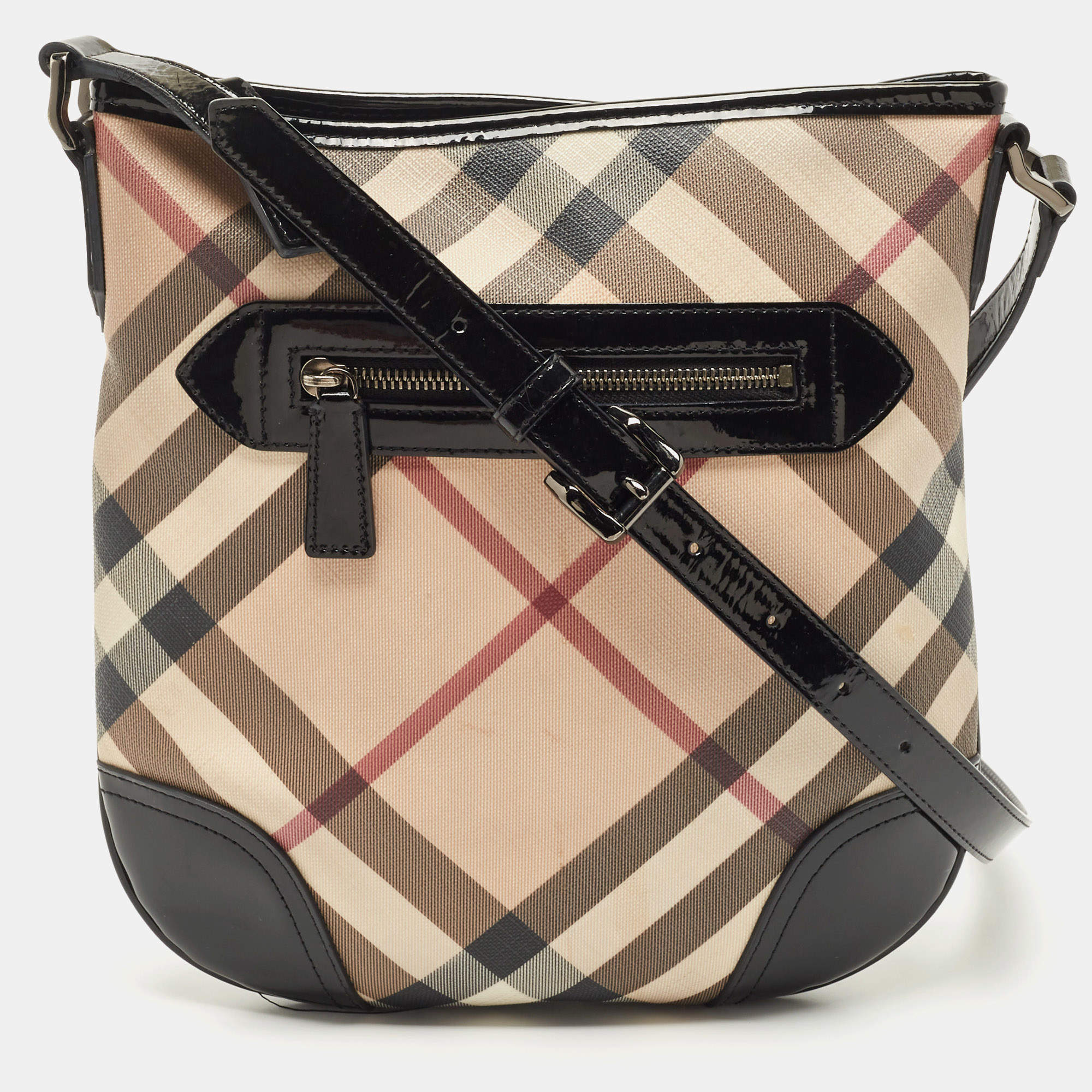 Burberry Beige/Red Supernova Star Check Coated Canvas and Leather Crossbody Bowling Bag