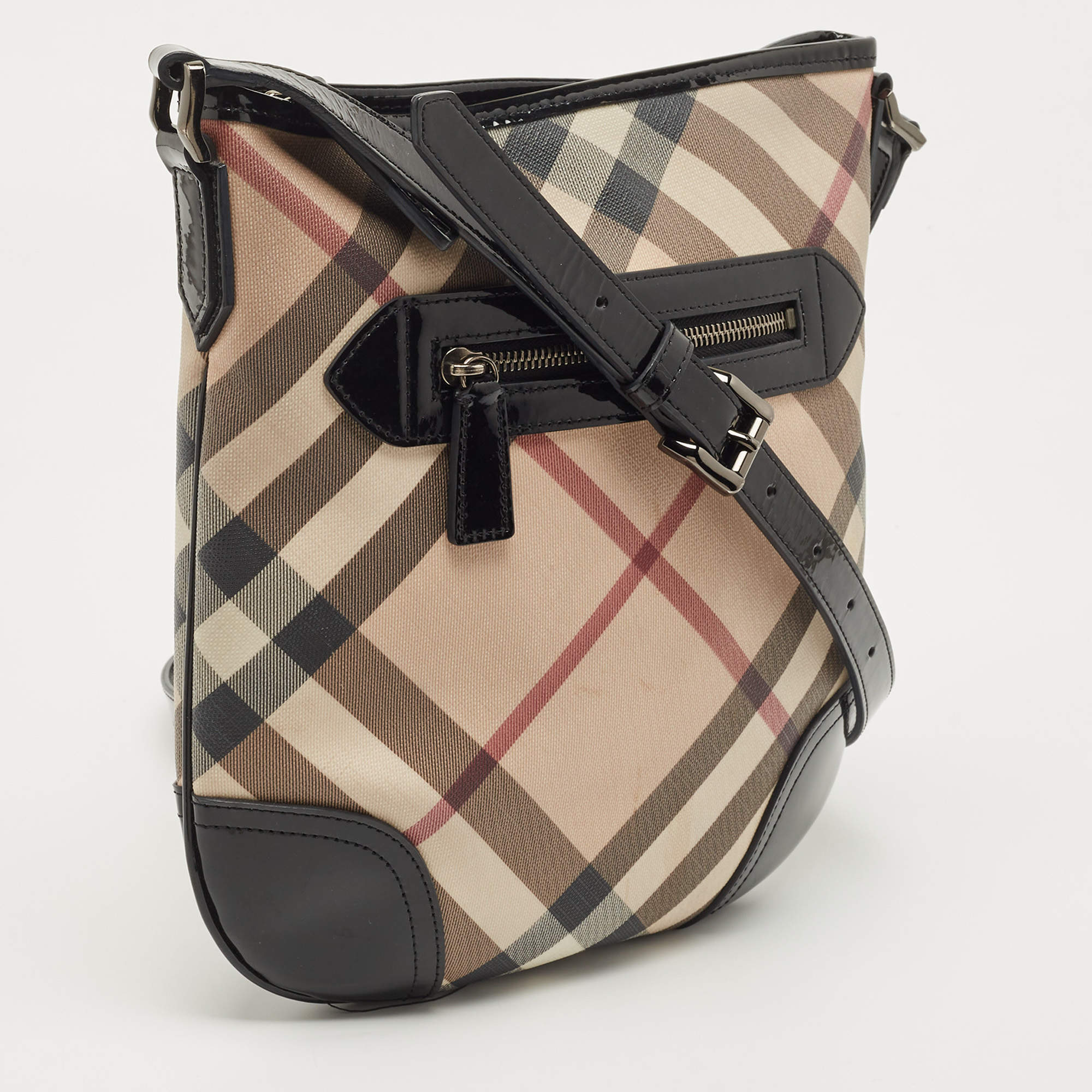 Burberry Beige/Red Supernova Star Check Coated Canvas and Leather Crossbody Bowling Bag