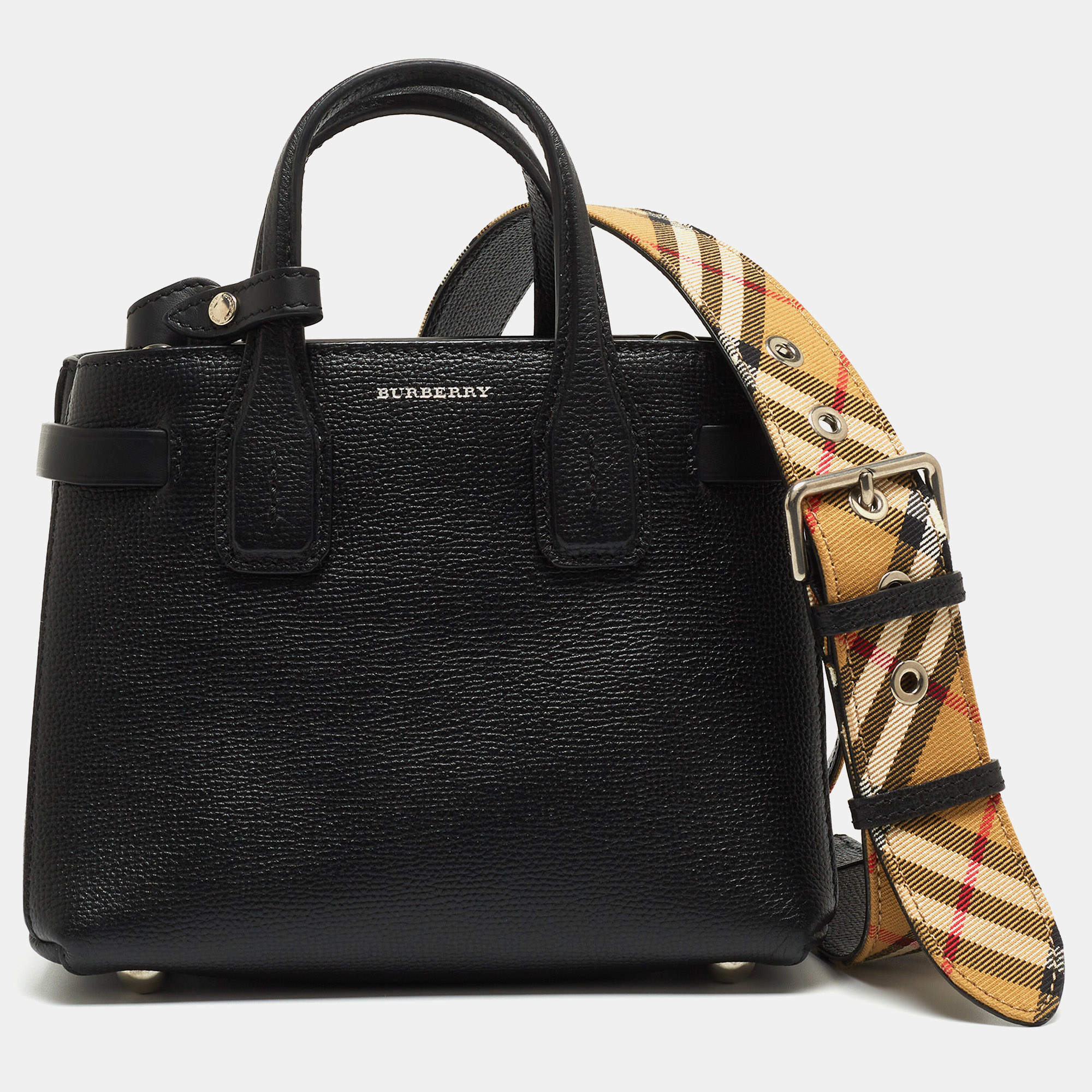 مملوكة مسبقًا حقيبة يد بربري بانر صغيرة كانفاس مربعات هاوس و جلد أسود 