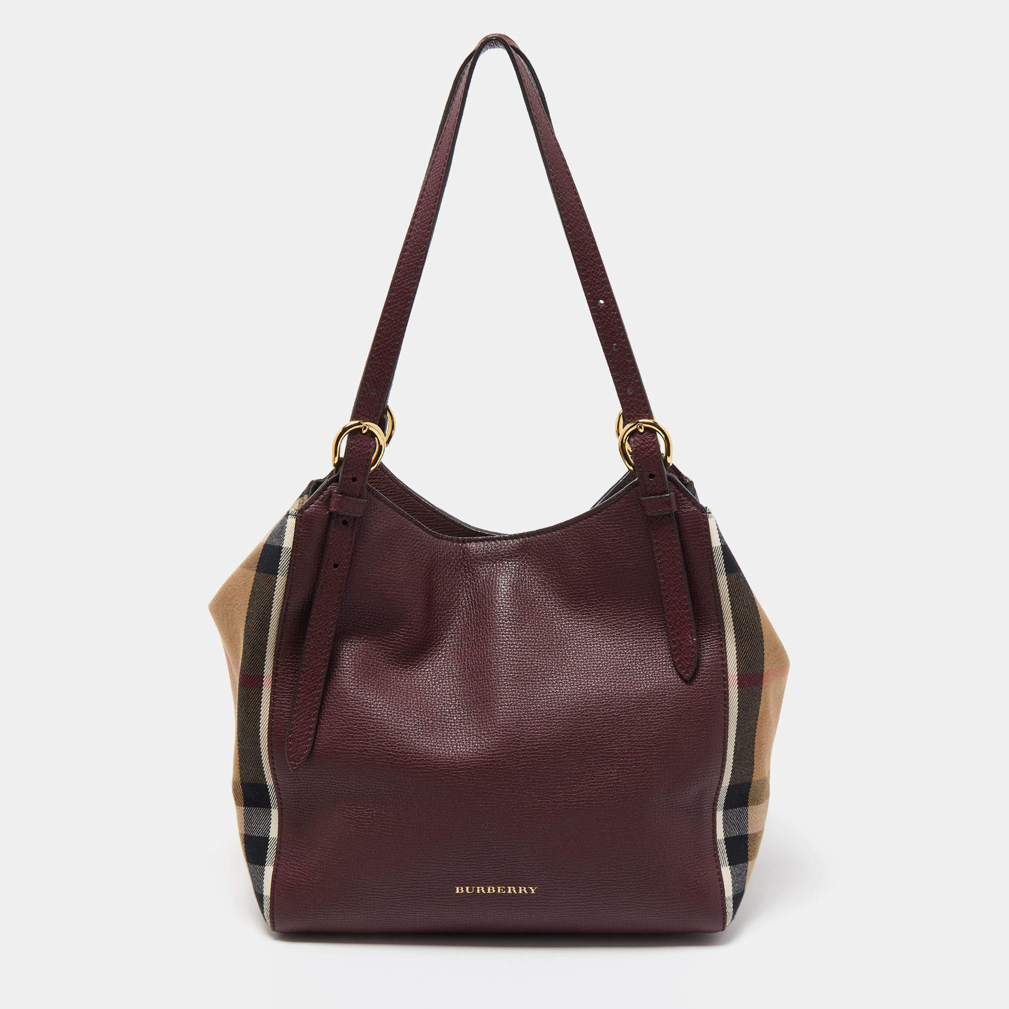 Pre Owned Burberry Tan/Beige House Check Fabric and Leather Small Canterbury Tote