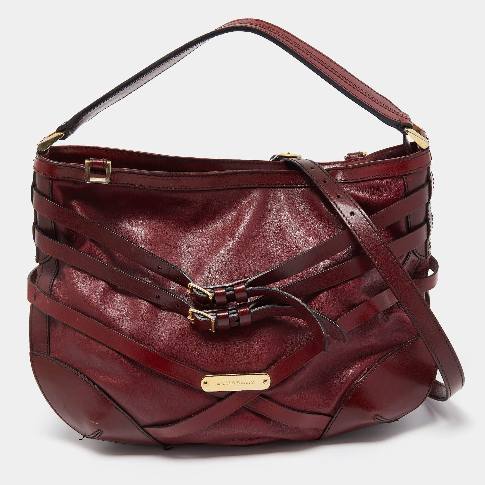 Pre Owned Burberry Burgundy Leather Bridle Dutton Hobo