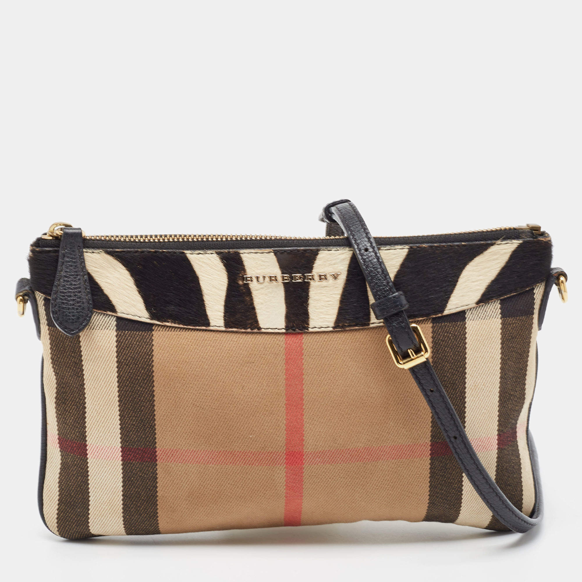 Pre Owned Burberry Beige House Check Fabric and Calf Hair Peyton Crossbody Bag