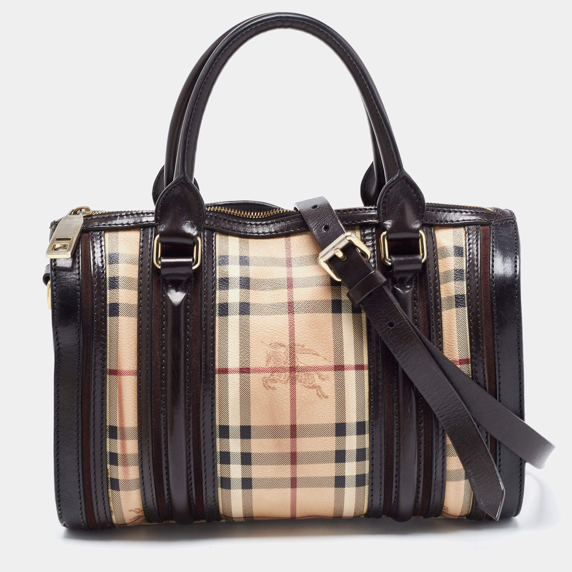 Pre Owned Burberry Black/Beige Haymarket Coated Canvas and Leather Alchester Bowler Bag
