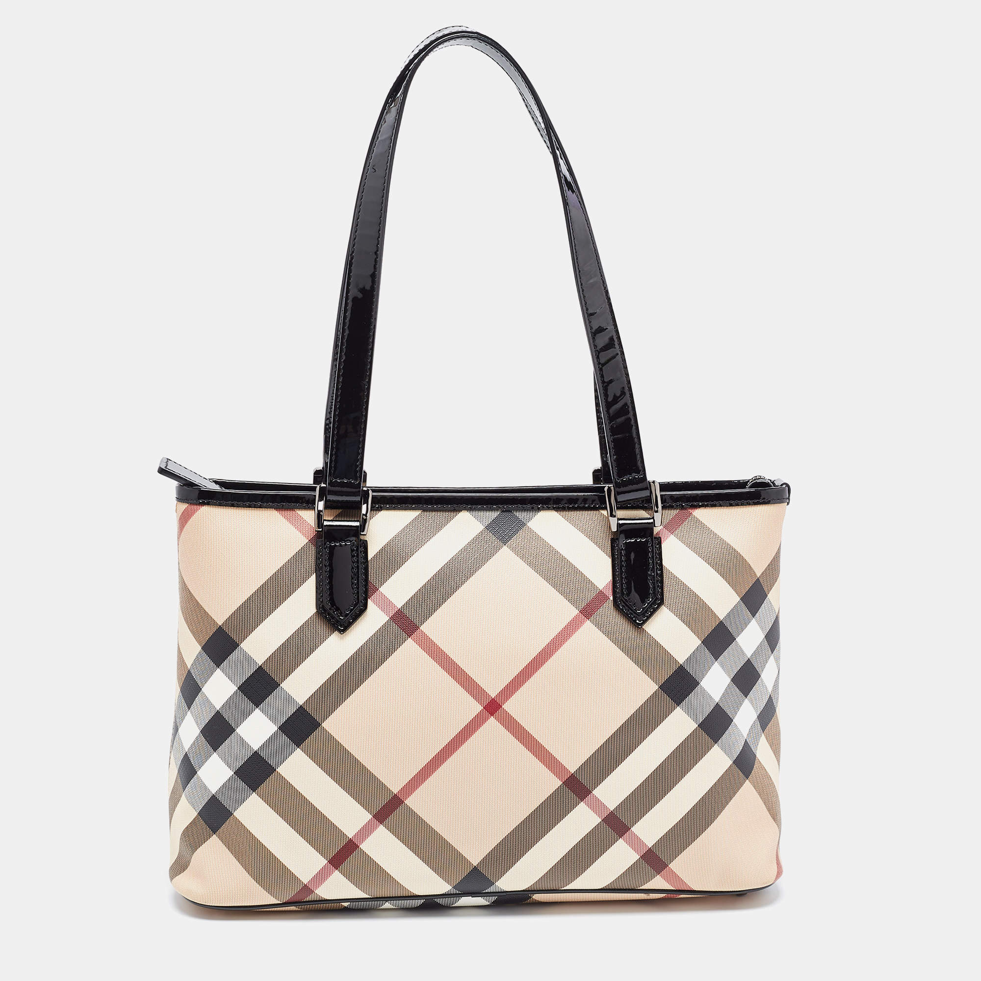 Pre Owned Burberry Black/Beige Super Nova Check PVC and Patent Leather Nickie Tote