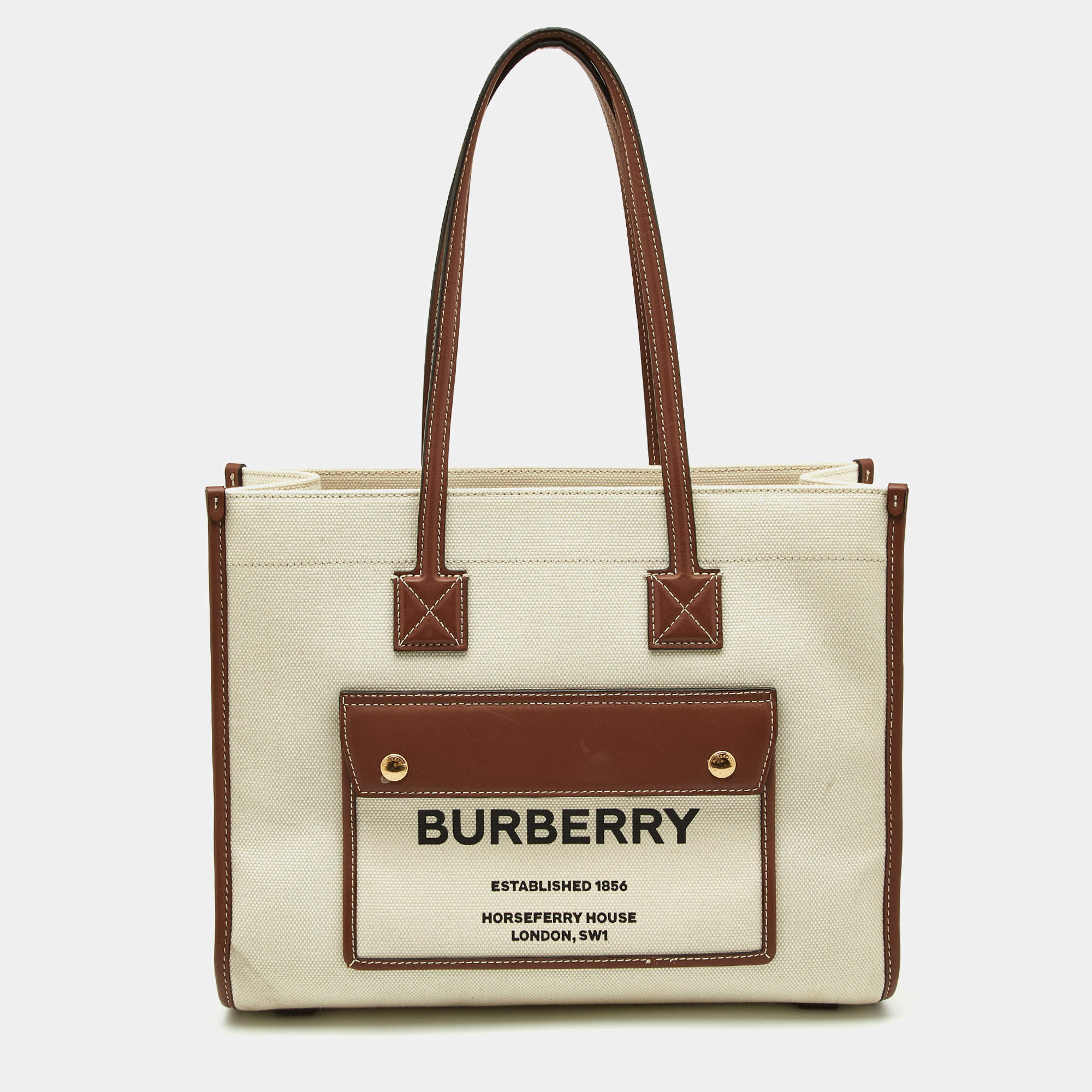 Pre Owned Burberry Beige/Tan Canvas and Leather Medium Freya Shopper Tote