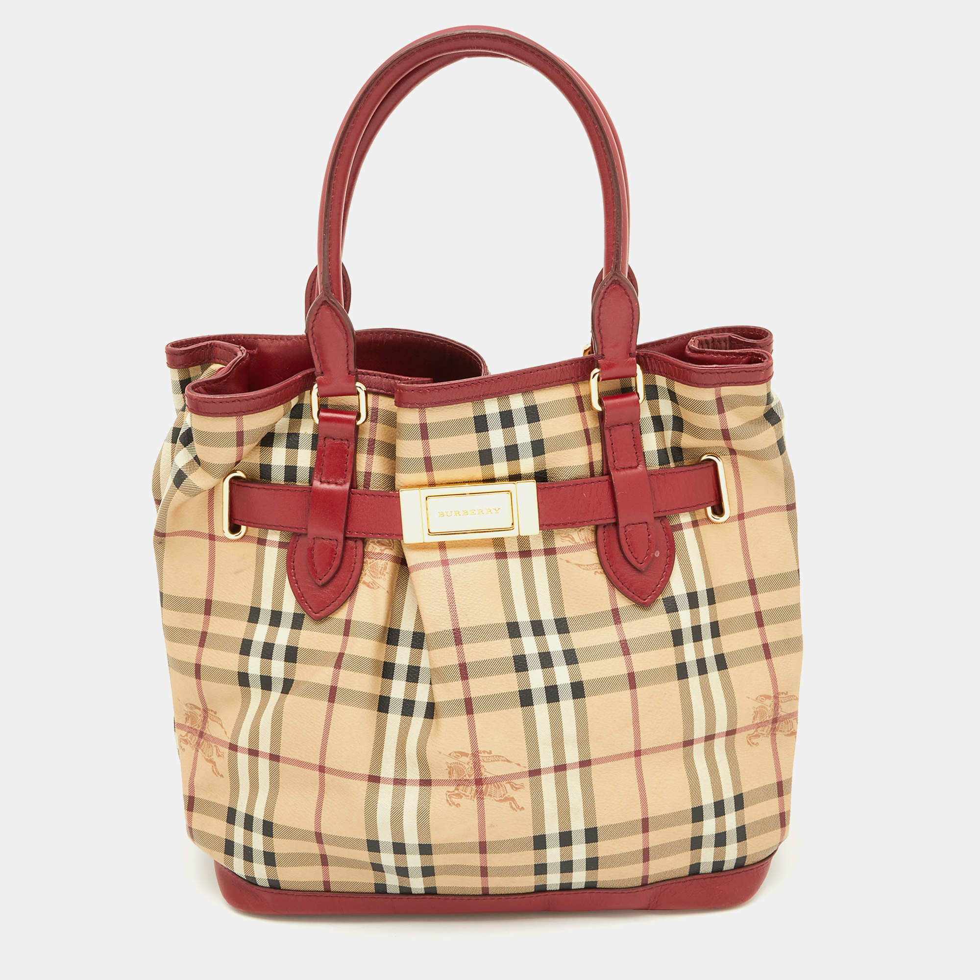 Pre Owned Burberry Red./Beige Haymarket Check Canvas and Leather Medium Golderton Tote