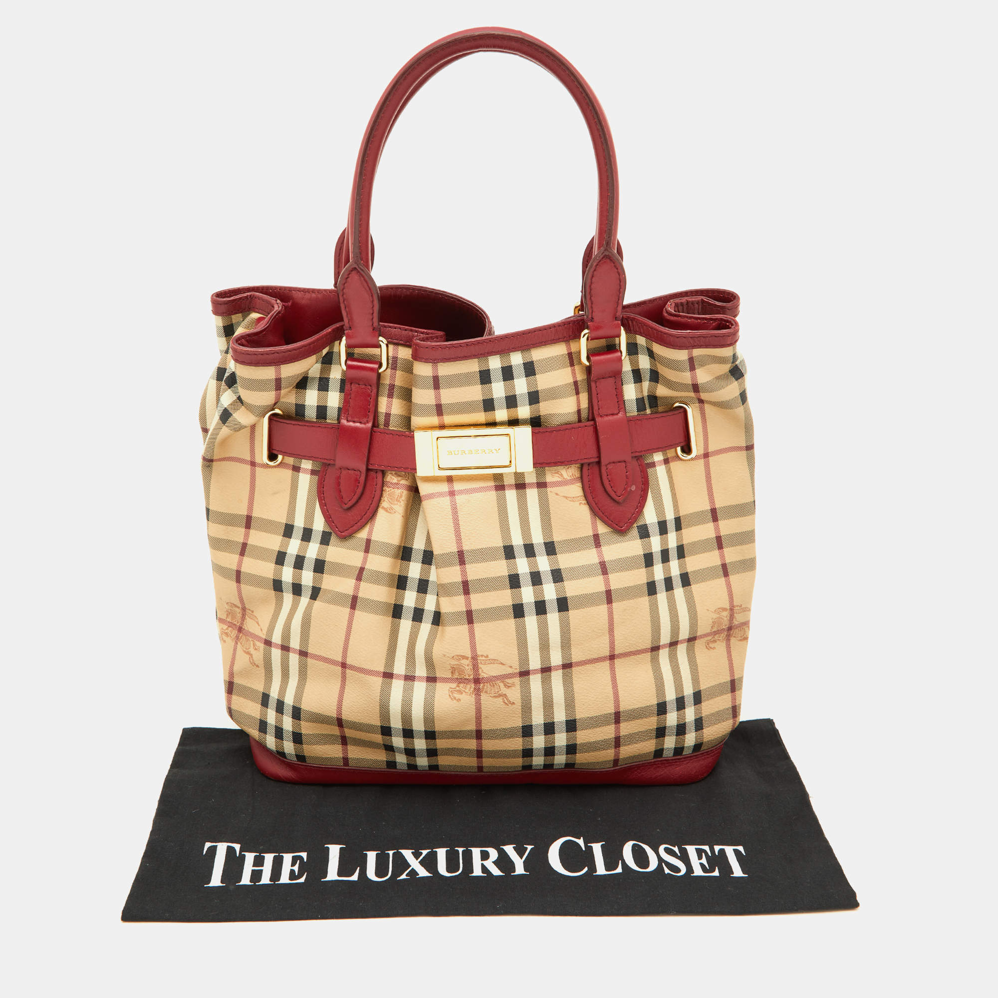 Burberry Red. Beige Haymarket Check Canvas and Leather Medium Golderton Tote