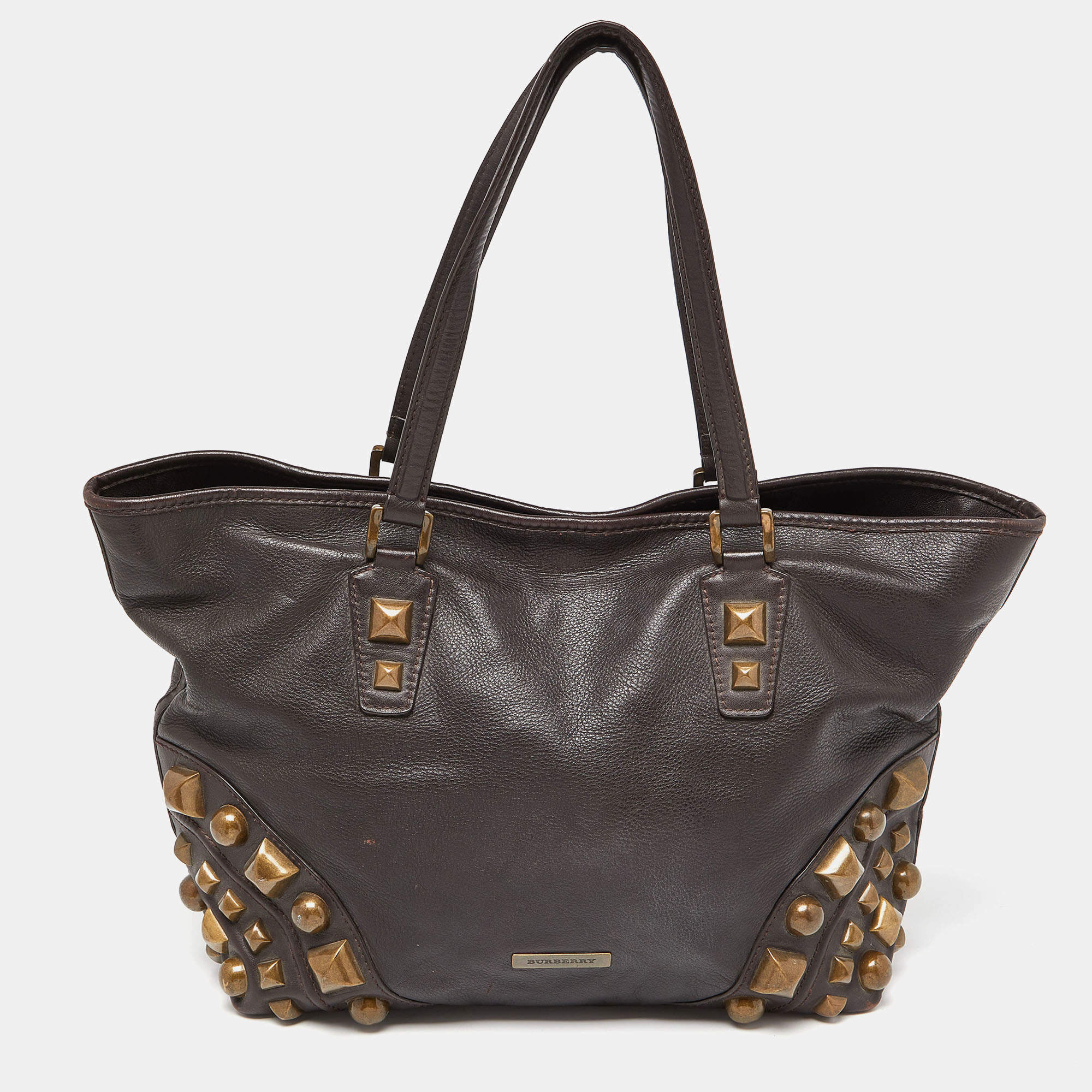 Pre Owned Burberry Brown Studded Leather Shopper Tote