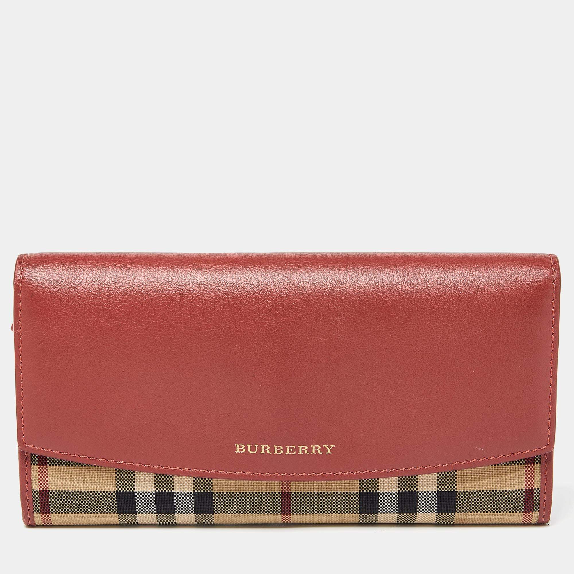 Pre Owned Burberry Beige/Rust Haymarket Check Canvas and Leather Flap Continental Wallet