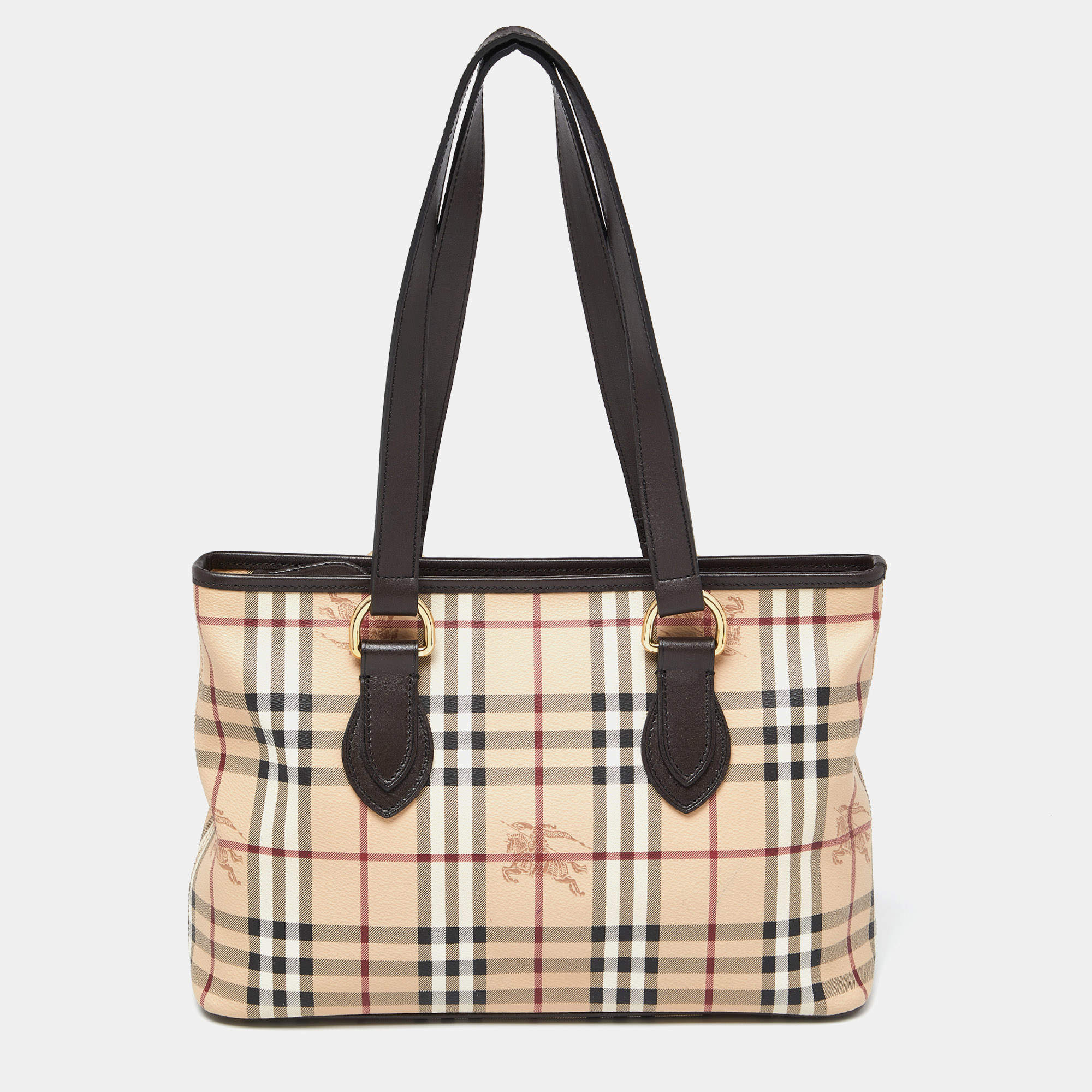 Pre Owned Burberry Beige/Brown Haymarket Check PVC and Leather Medium Regent Tote