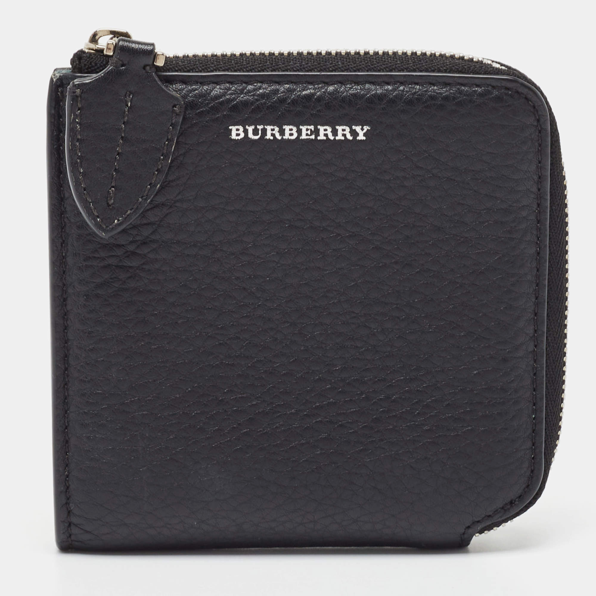 Pre Owned Burberry Black Leather Zip Around Compact Wallet
