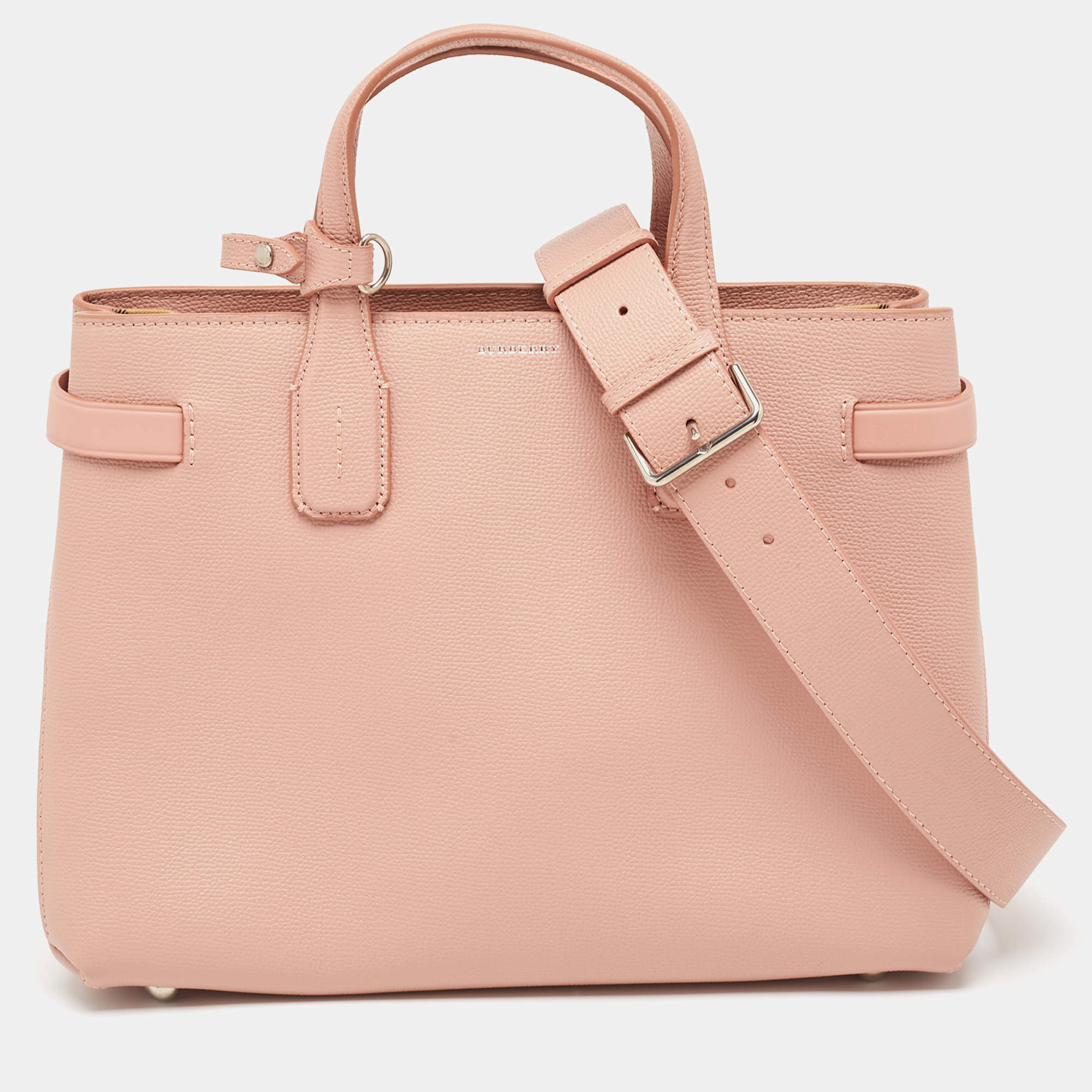 Pre Owned Burberry Pink Leather and House Check Fabric Medium Banner Derby Tote