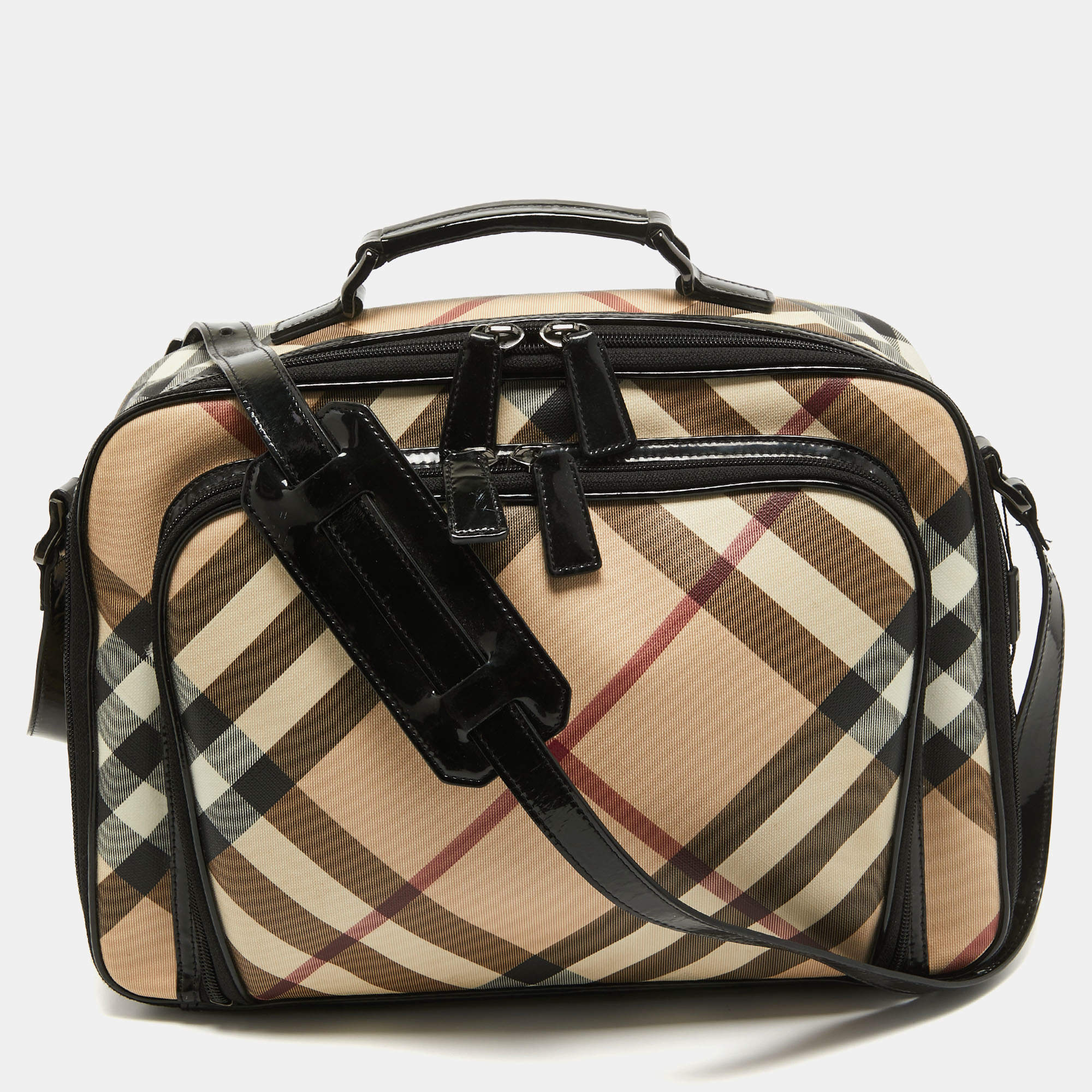 مملوكة مسبقًا Burberry Black/Beige Supernova Check PVC and Patent Leather Diaper Bag