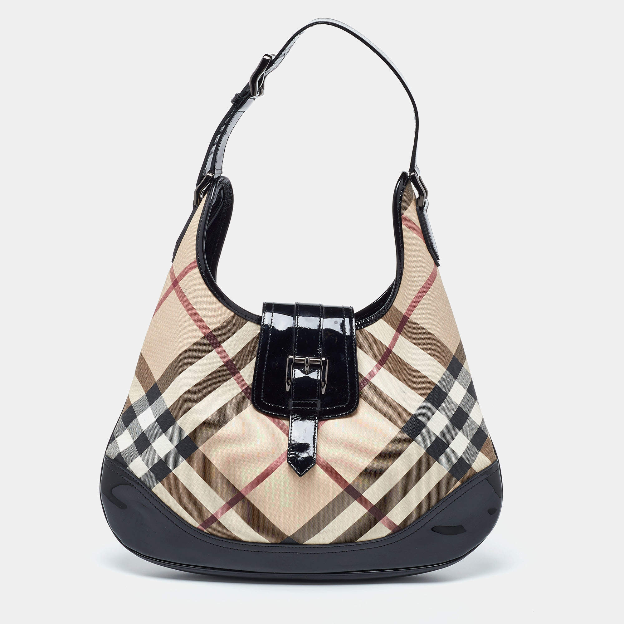 Pre Owned Burberry Beige/Black Nova Check PVC and Patent Leather Brooke Hobo