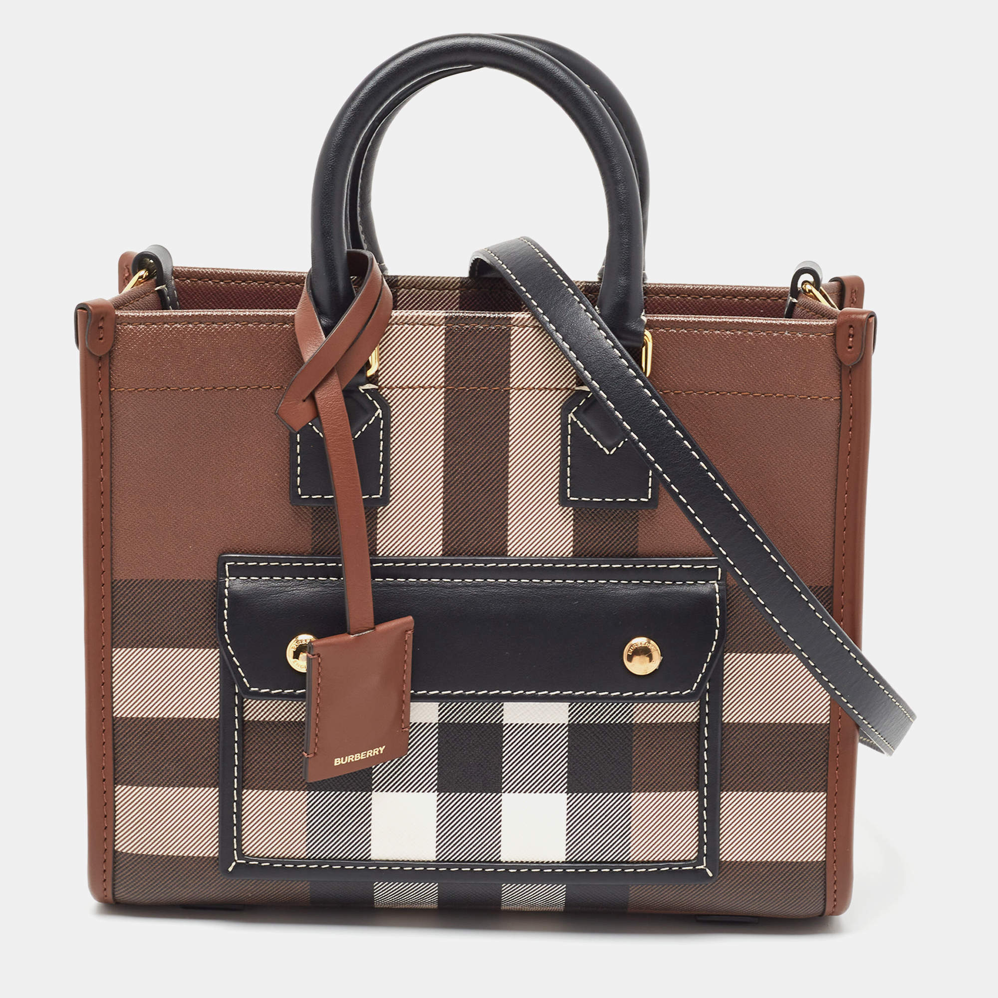 Pre Owned Burberry Brown/Black Canvas Check Small Freya Tote