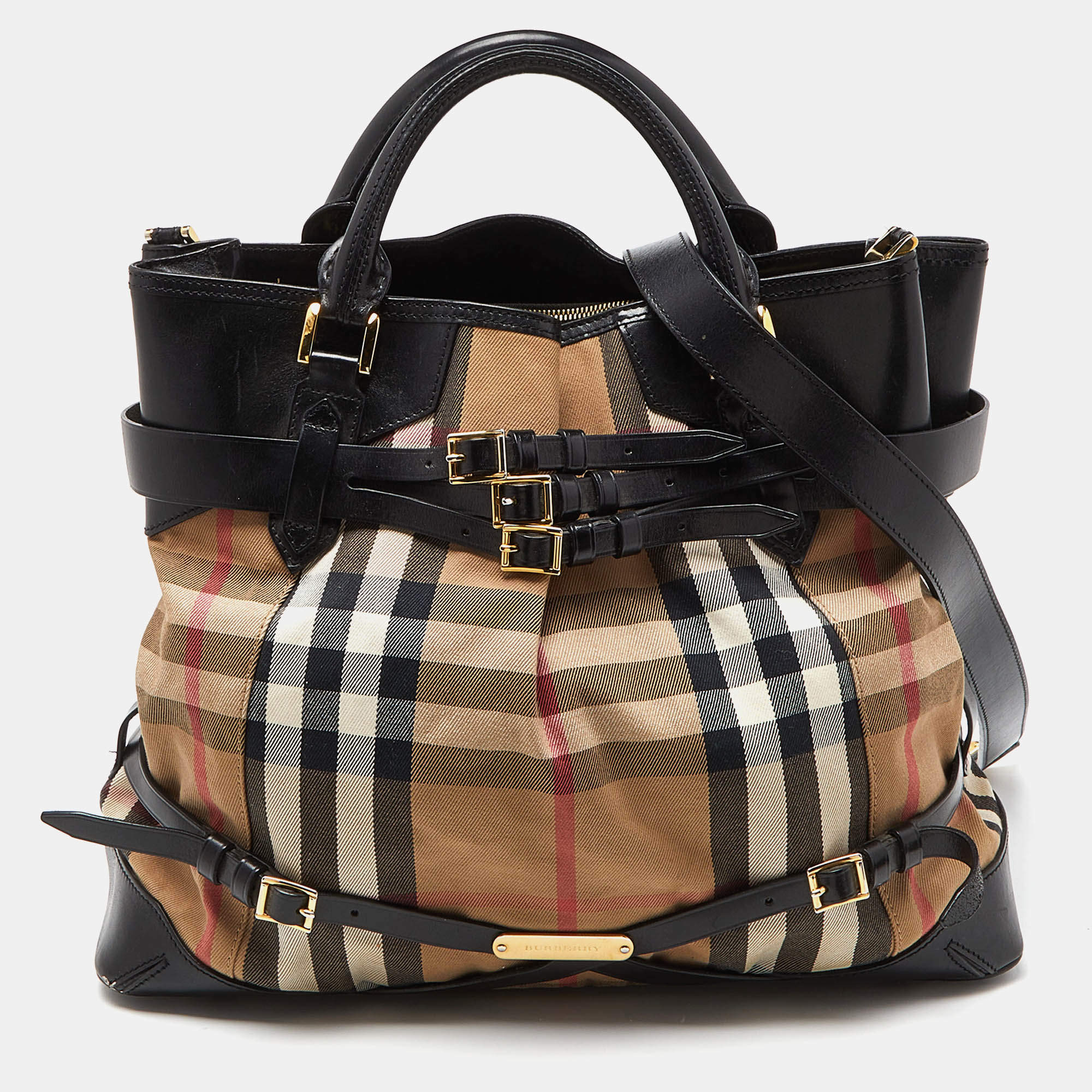 Pre Owned Burberry Black House Check Canvas and Leather Large Bridle Lynher Tote