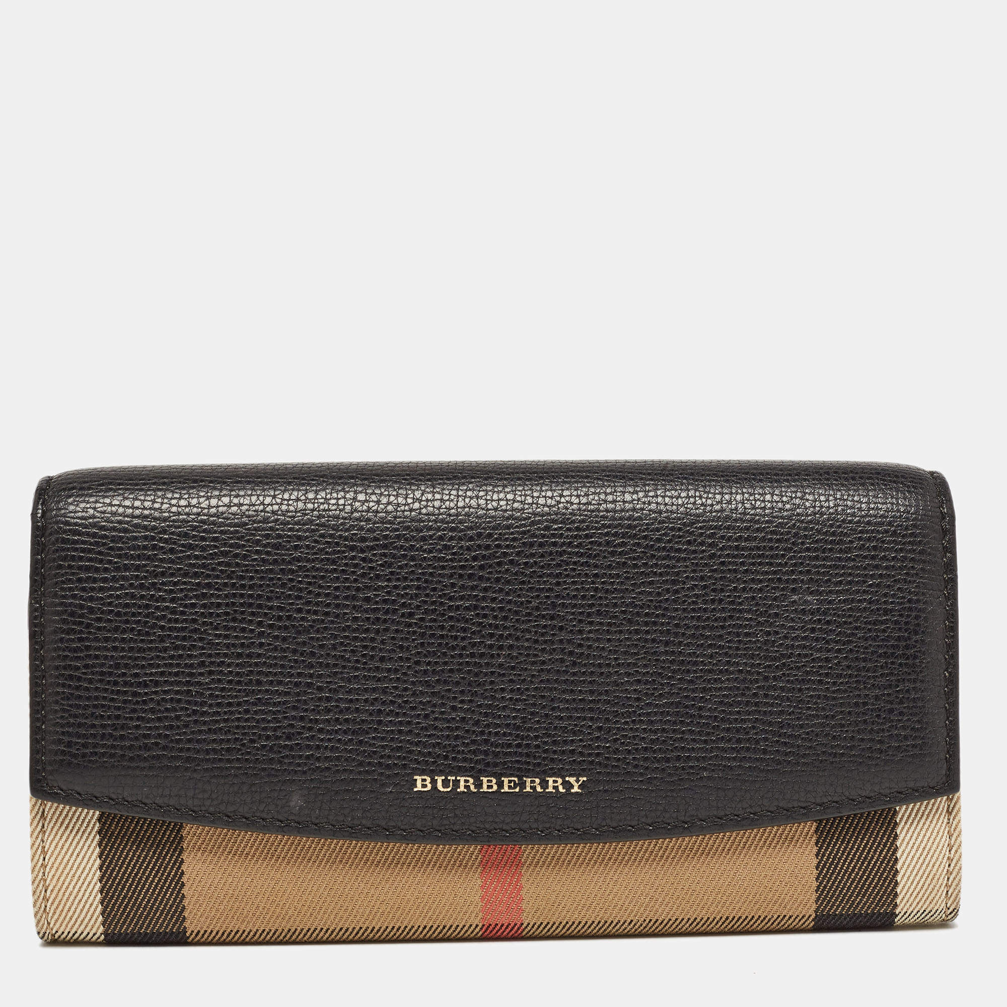 Pre Owned Burberry Black/Beige House Check Canvas and Leather Flap Continental Wallet