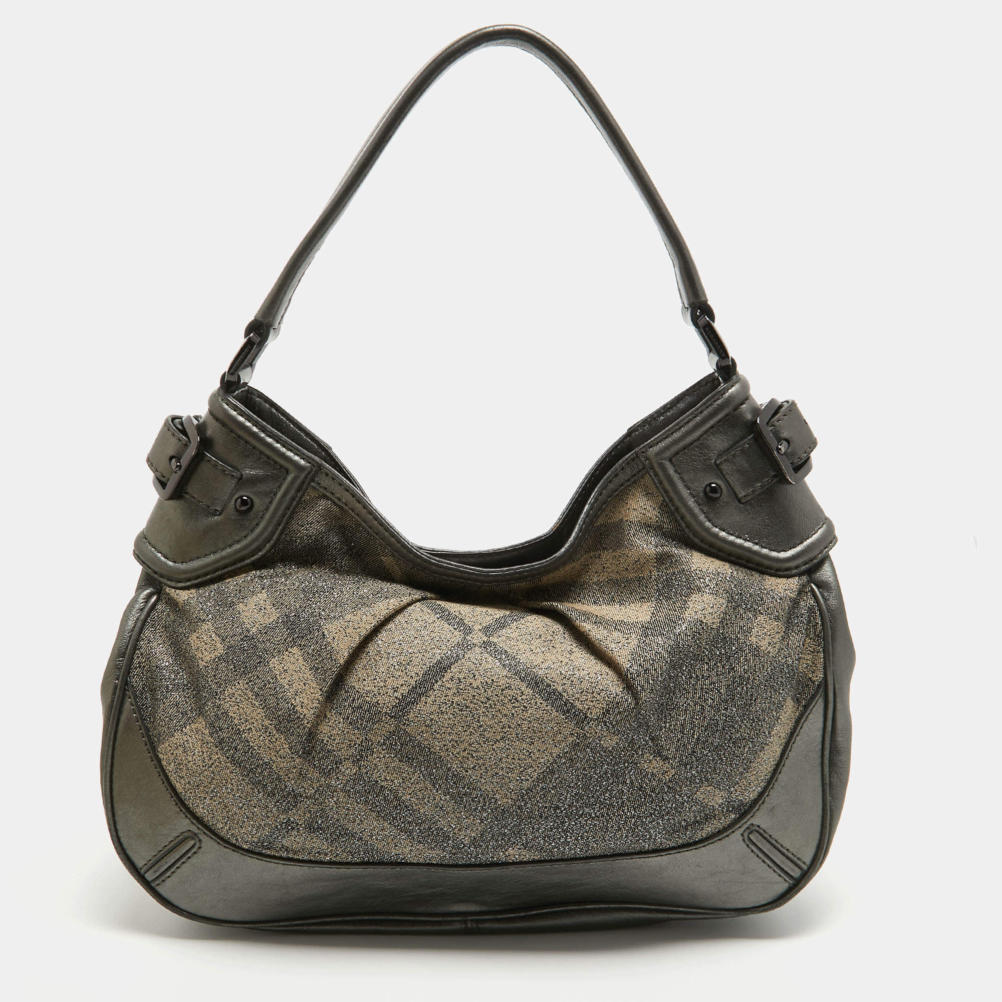 Pre Owned Burberry Grey Nova Check Lurex and Leather Fairby Hobo