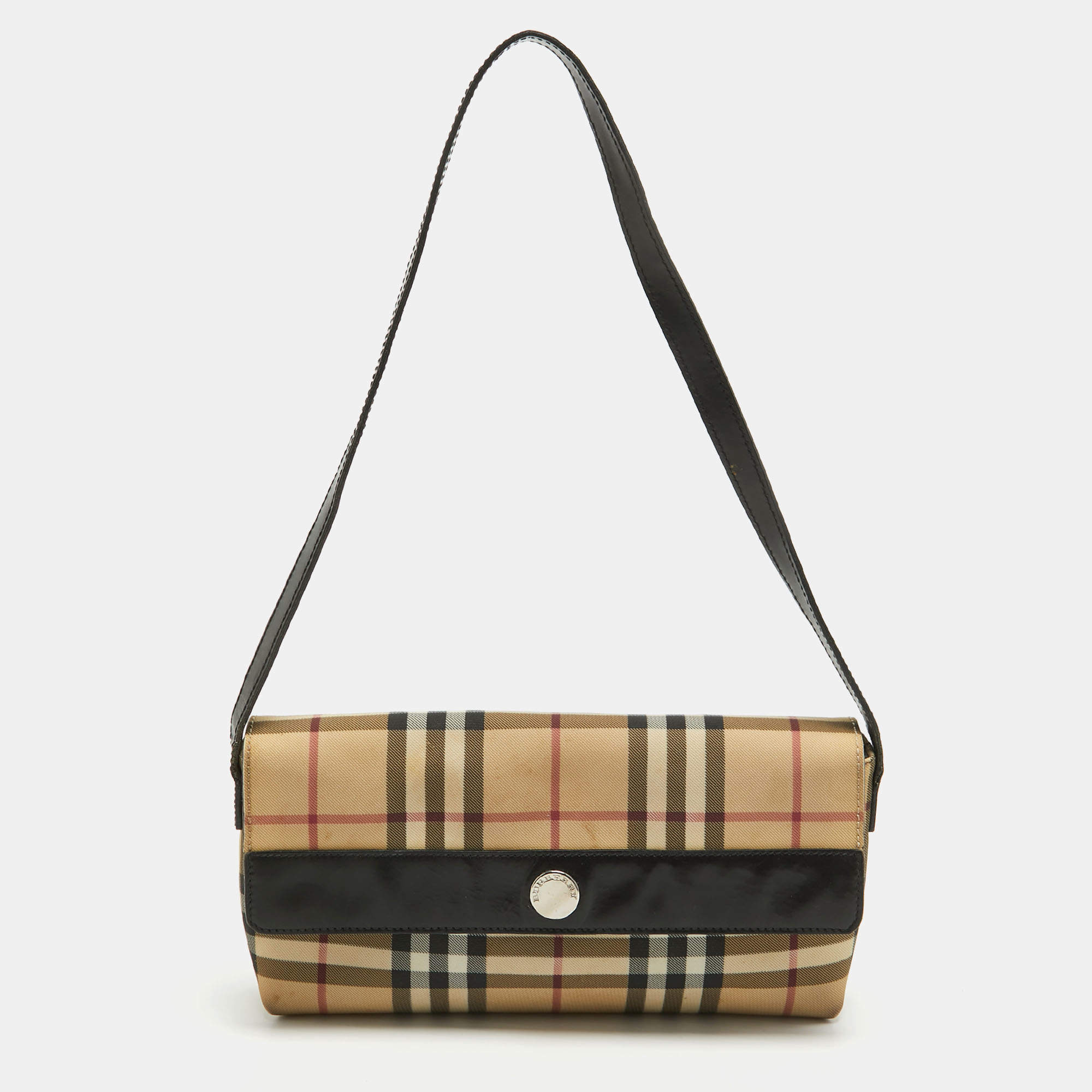 Pre Owned Burberry Cream/Black House Check Coated Canvas and Leather Baguette Bag