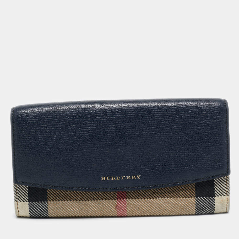Pre Owned Burberry Navy Blue/Beige House Check Canvas and Leather Flap Continental Wallet