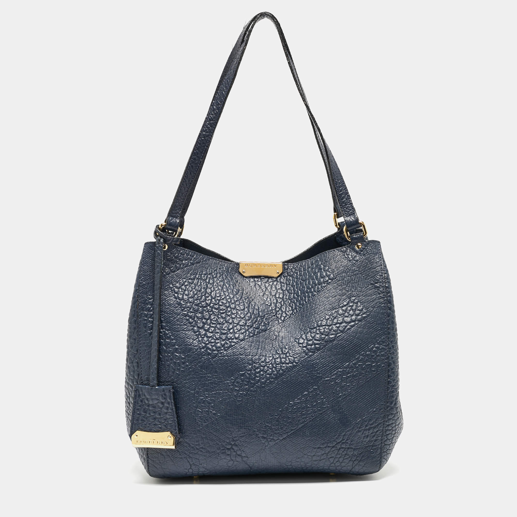مملوكة مسبقًا Burberry Navy Blue Embossed Leather Canterbury Tote