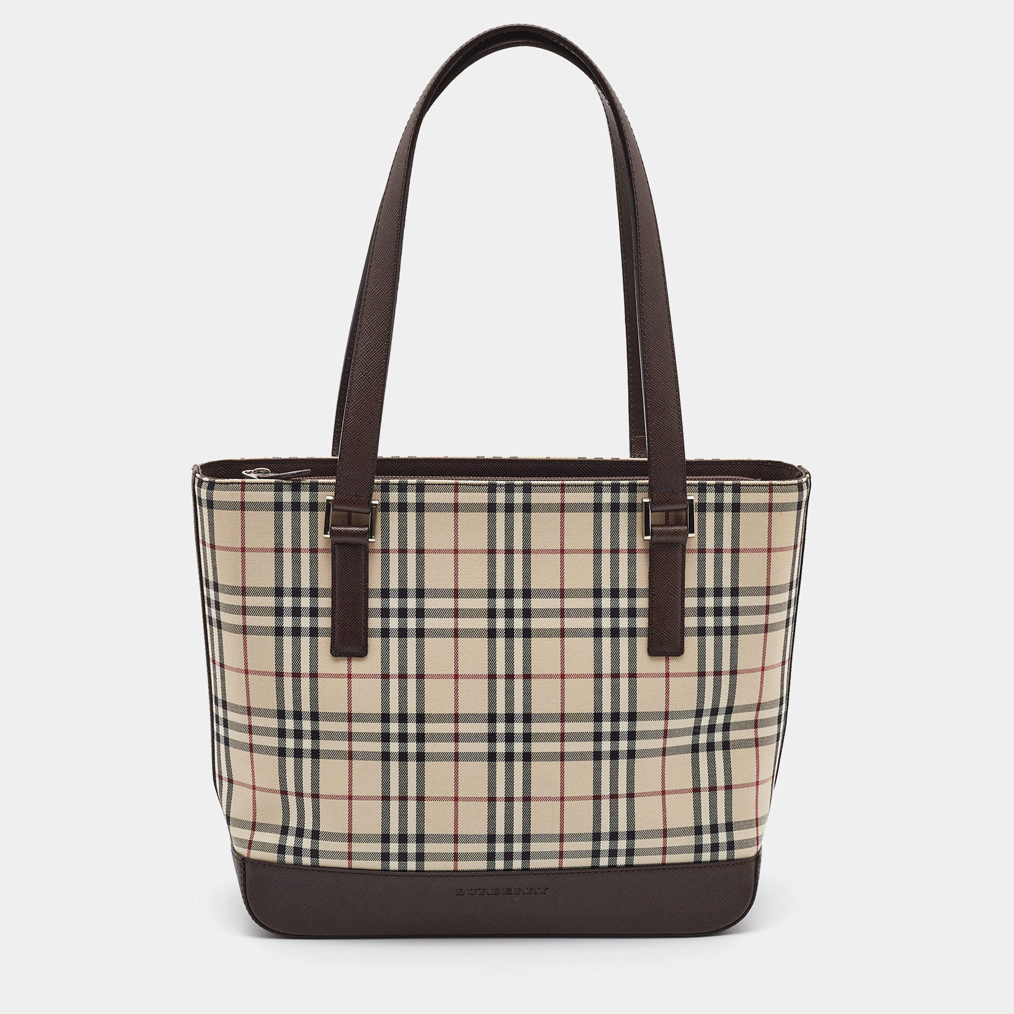 Pre Owned Burberry Beige/Brown Vintage Check Fabric and Leather Rectangle Tote