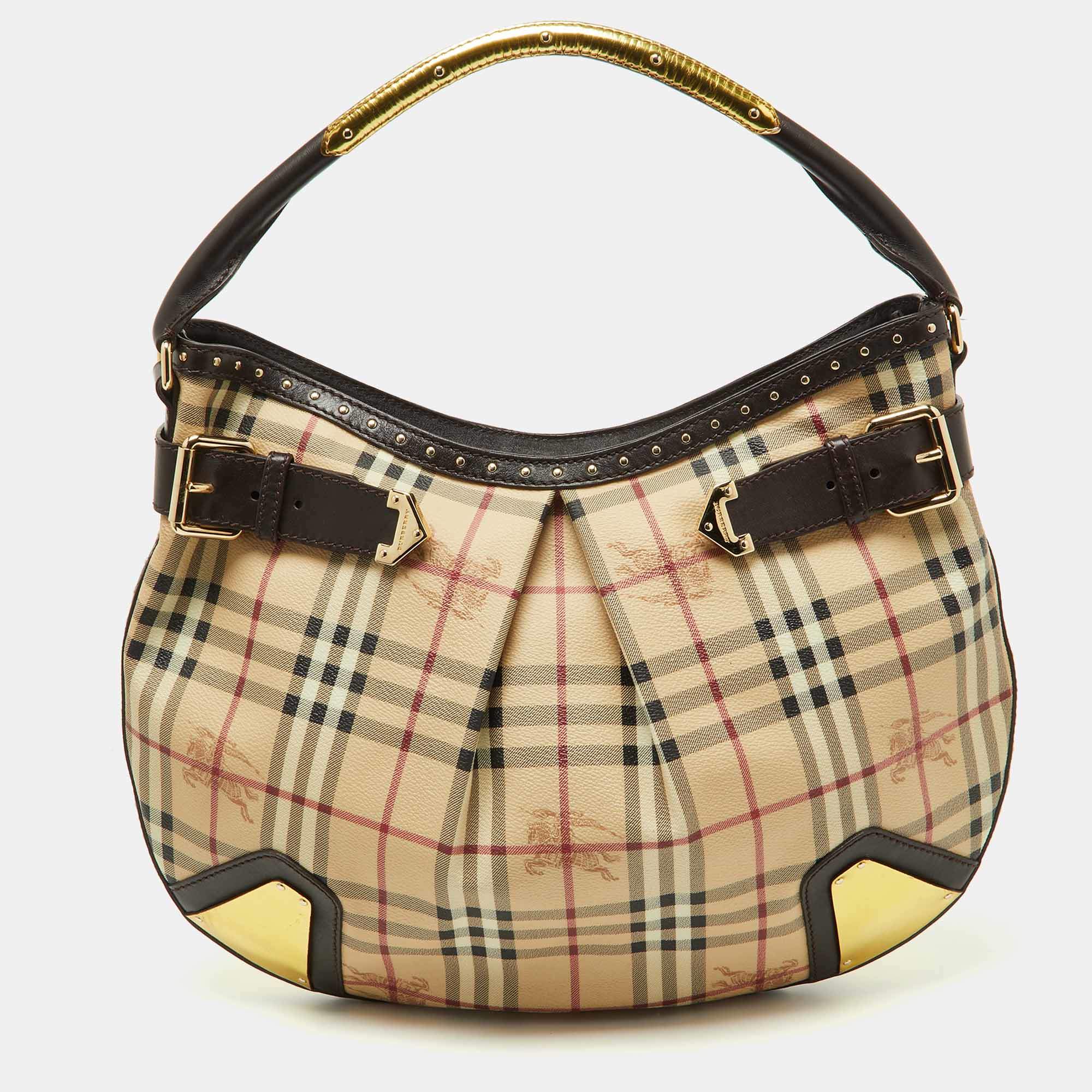 Pre Owned Burberry Dark Brown/Beige House Check PVC and Leather Studded Hartley Hobo