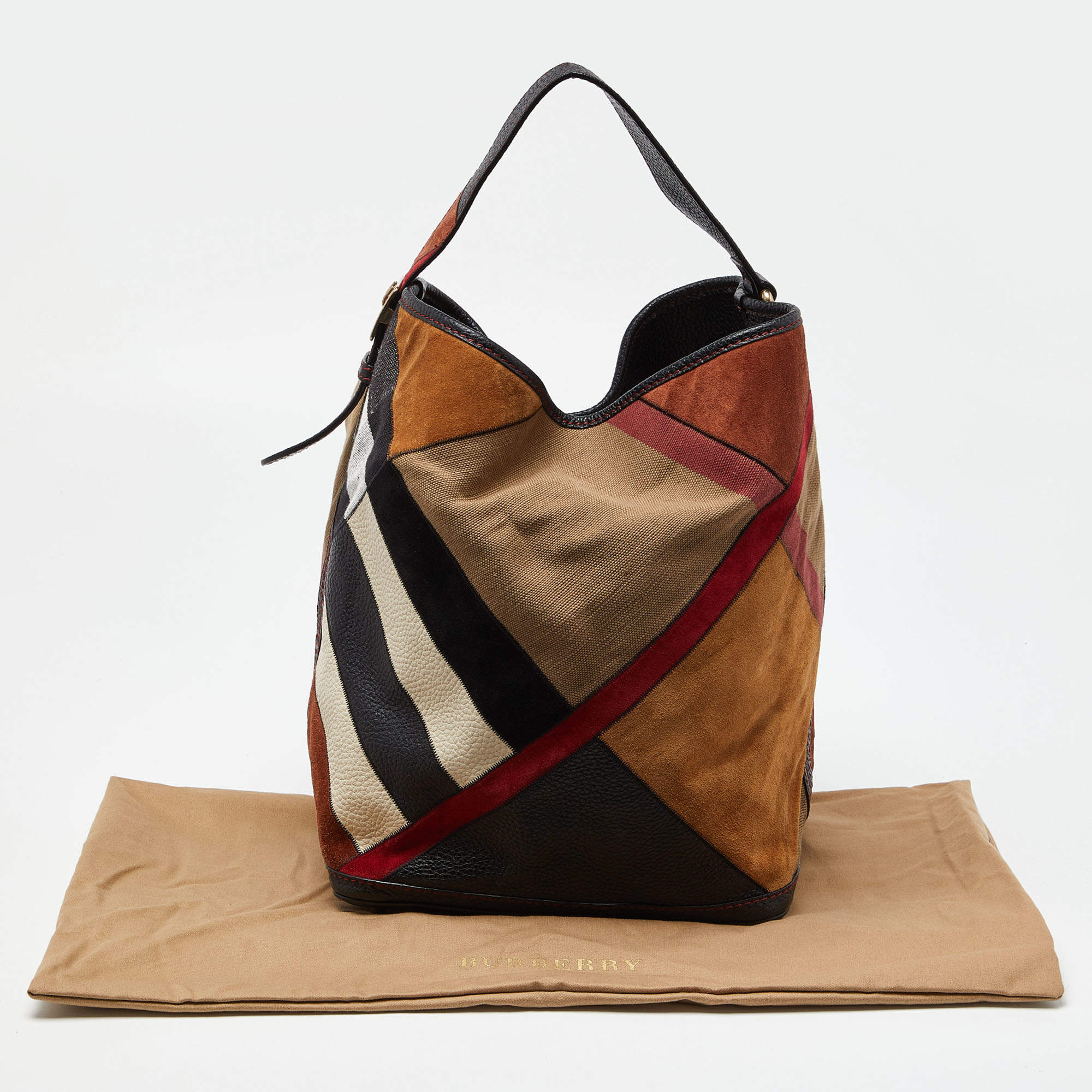 Burberry Multicolor House Canvas and Leather Patchwork Ashby Bucket Bag Burberry TLC