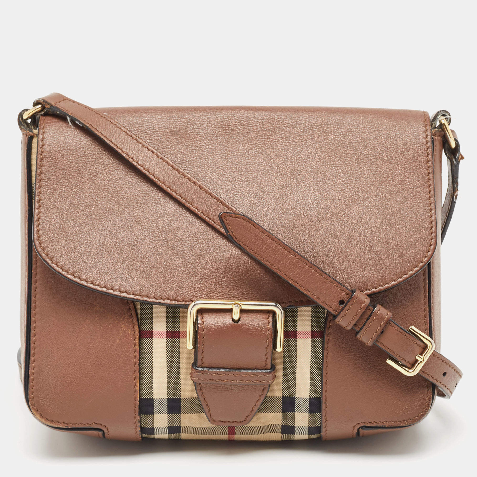 Burberry Brown/Beige Haymarket Check Canvas and Leather Small Dickens Crossbody Bag