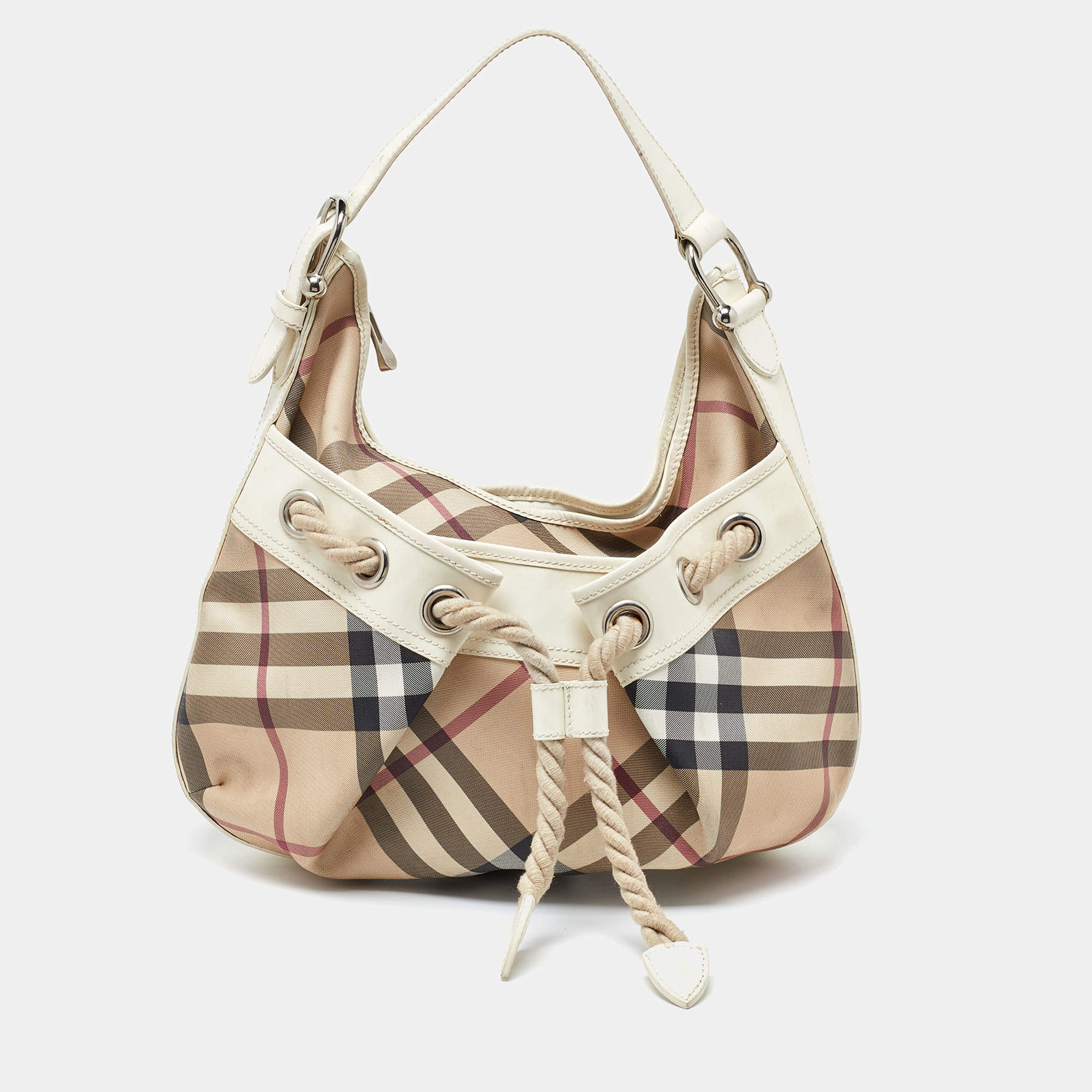 Pre Owned Burberry Beige/Off White Nova Check PVC and Patent Leather Hobo