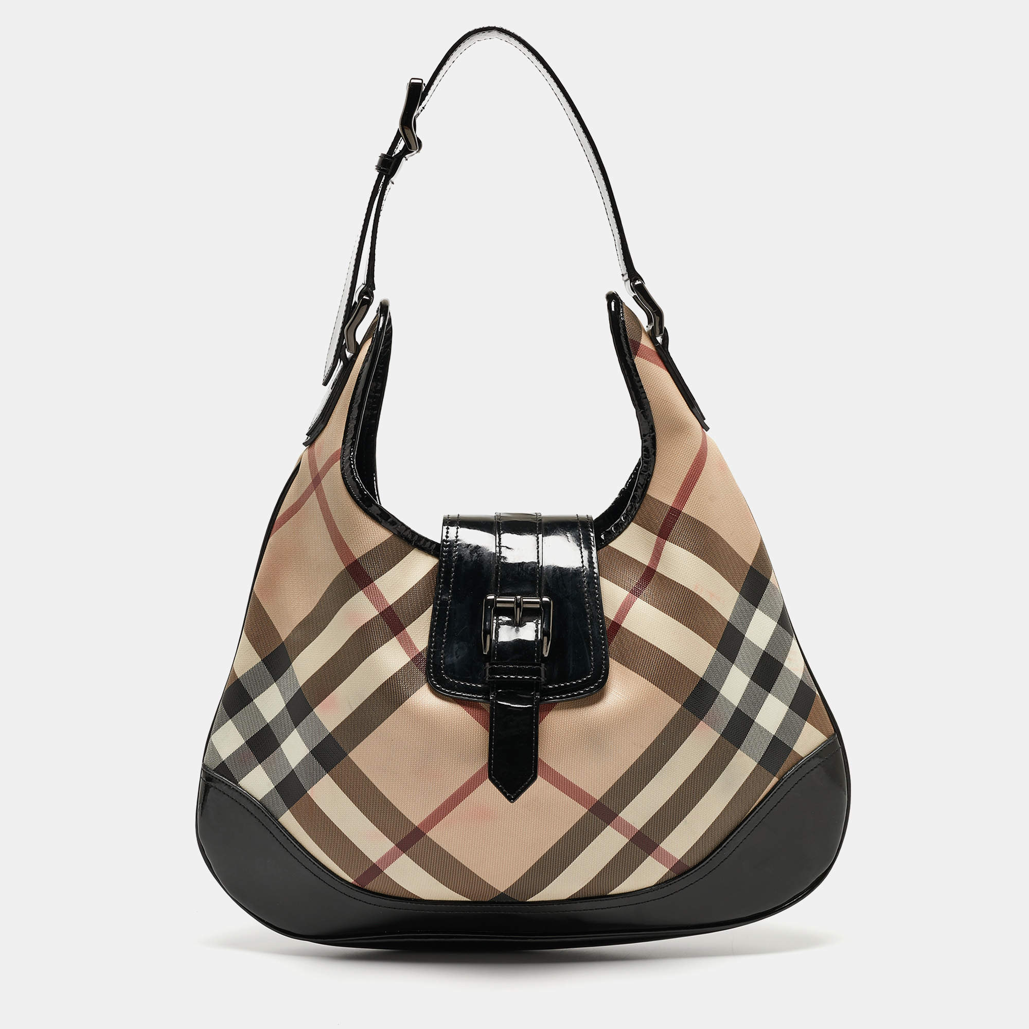 Pre Owned Burberry Black/Beige Nova Check PVC and Patent Leather Brooke Hobo
