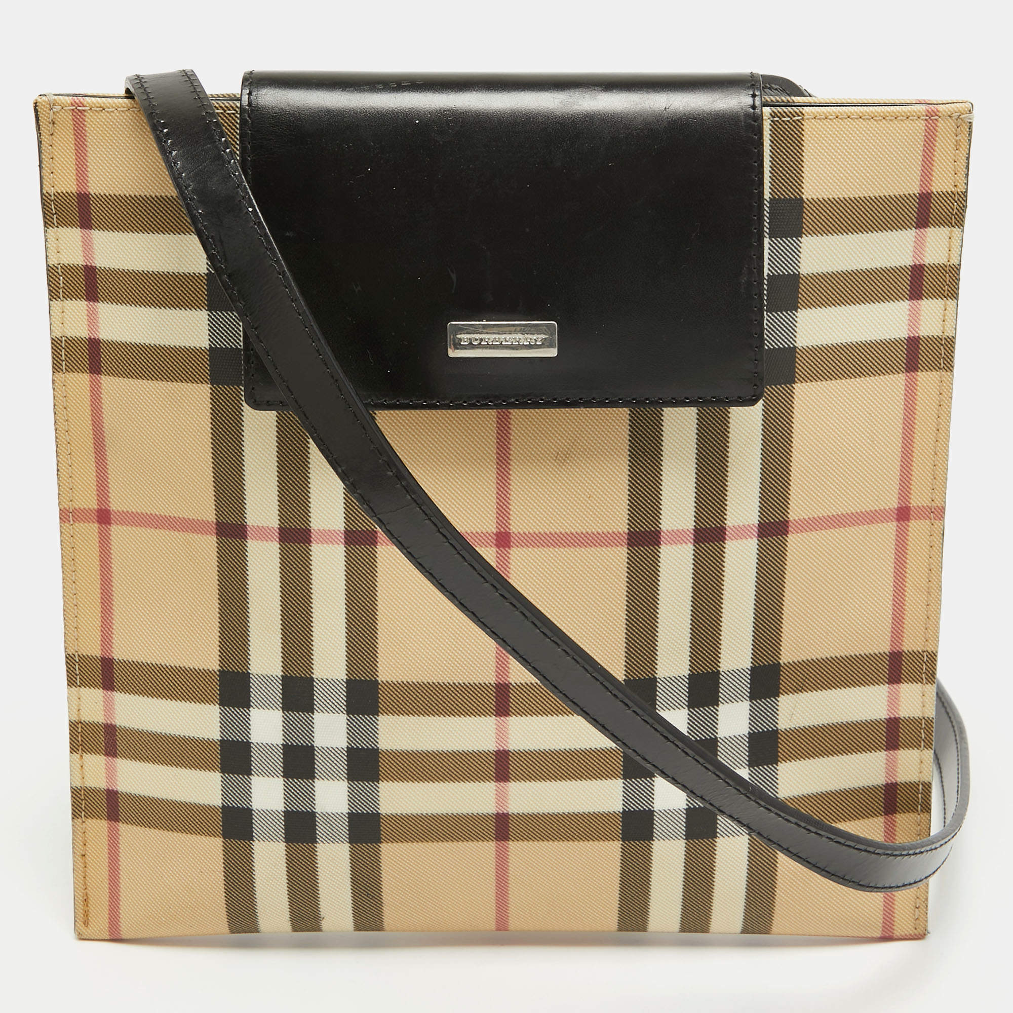 Burberry Black/Beige House Check PVC and Leather Slim Messenger Bag