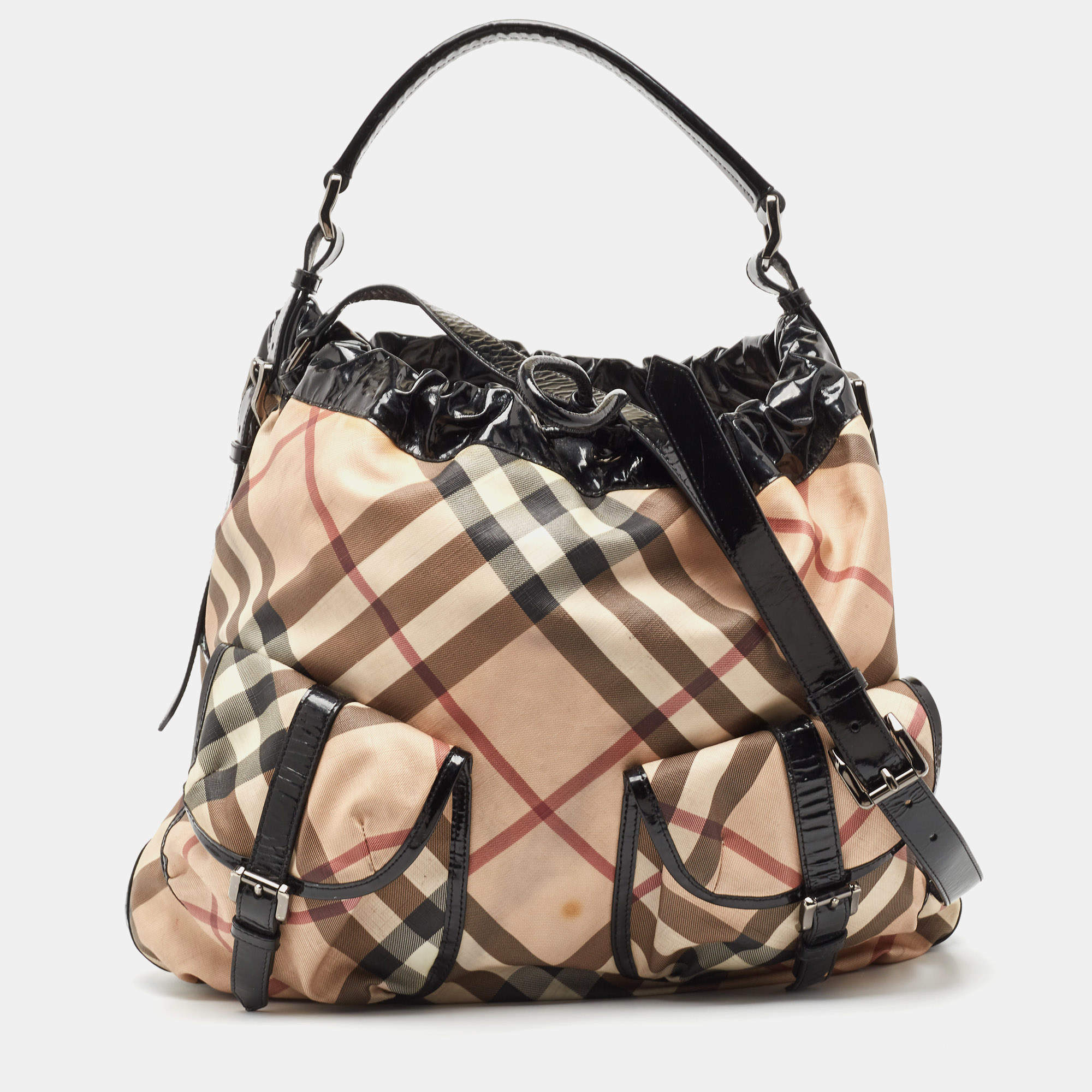 Pre Owned Burberry Black/Beige Supernova Coated Canvas and Patent Leather Drawstring Double Pocket Hobo