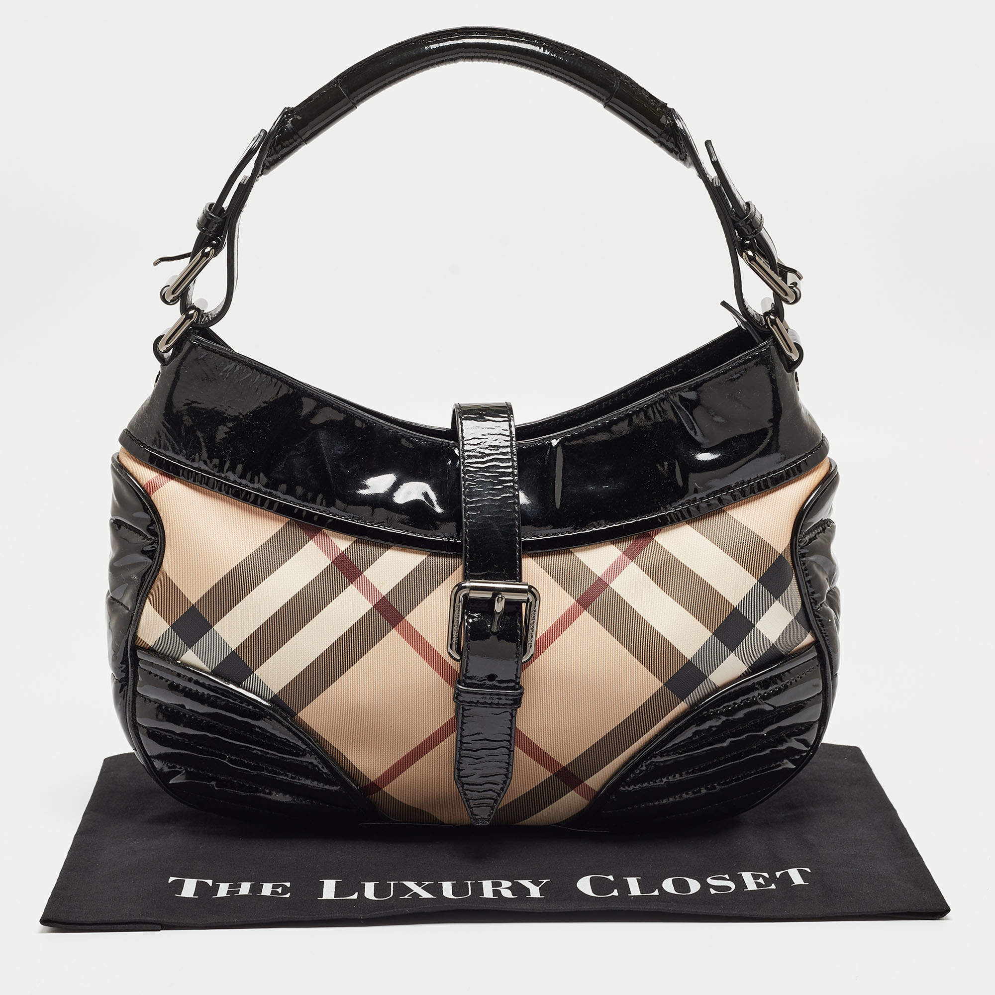 Burberry Black Beige Nova Check PVC and Patent Leather Hobo Burberry TLC