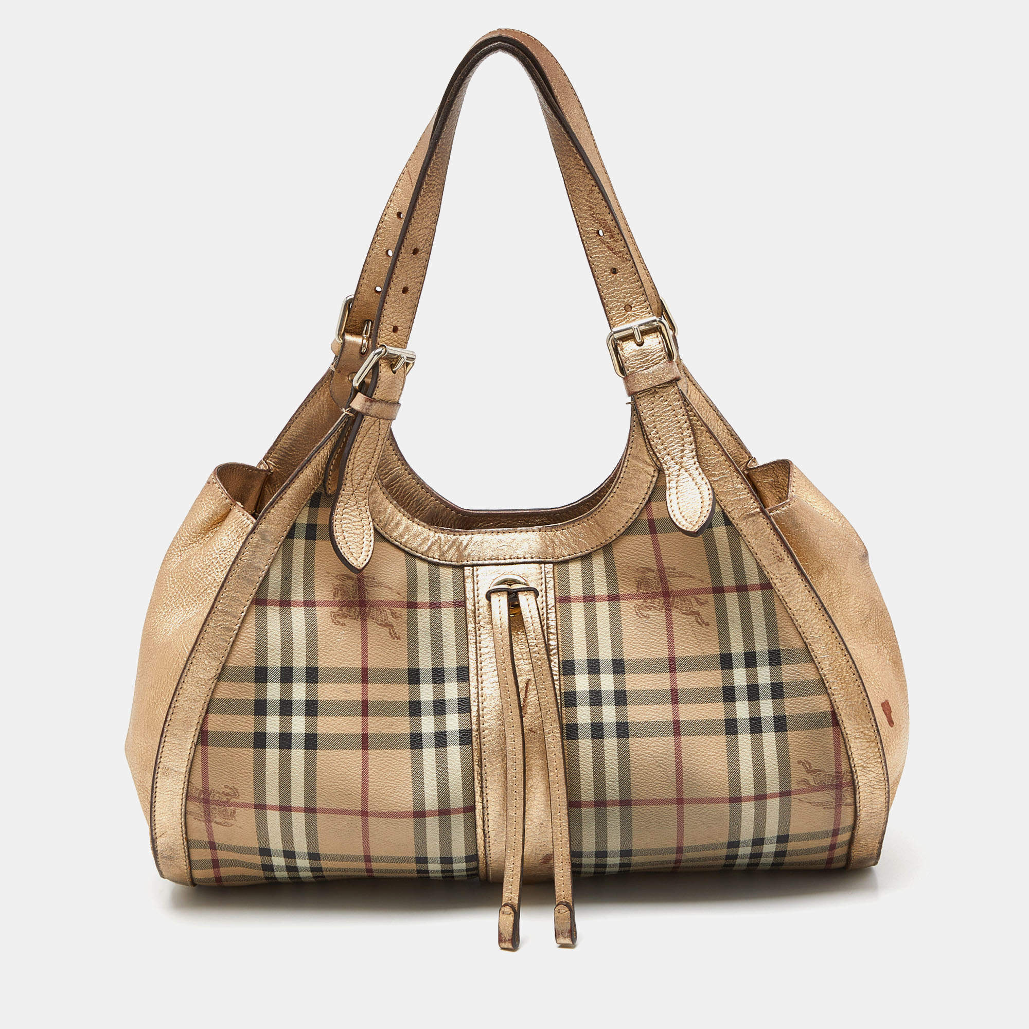 Pre Owned Burberry Beige/Gold Haymarket Check PVC and Leather Hobo