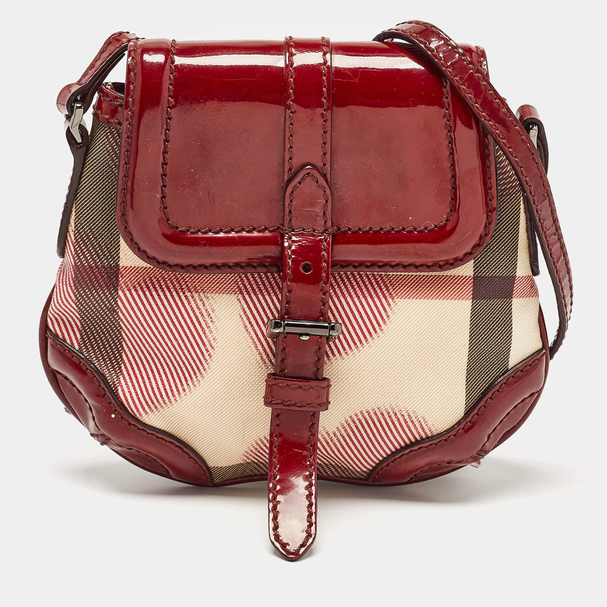 Pre Owned Burberry Burgundy/Beige House Check PVC and Patent Leather Heart Flap Crossbody Bag