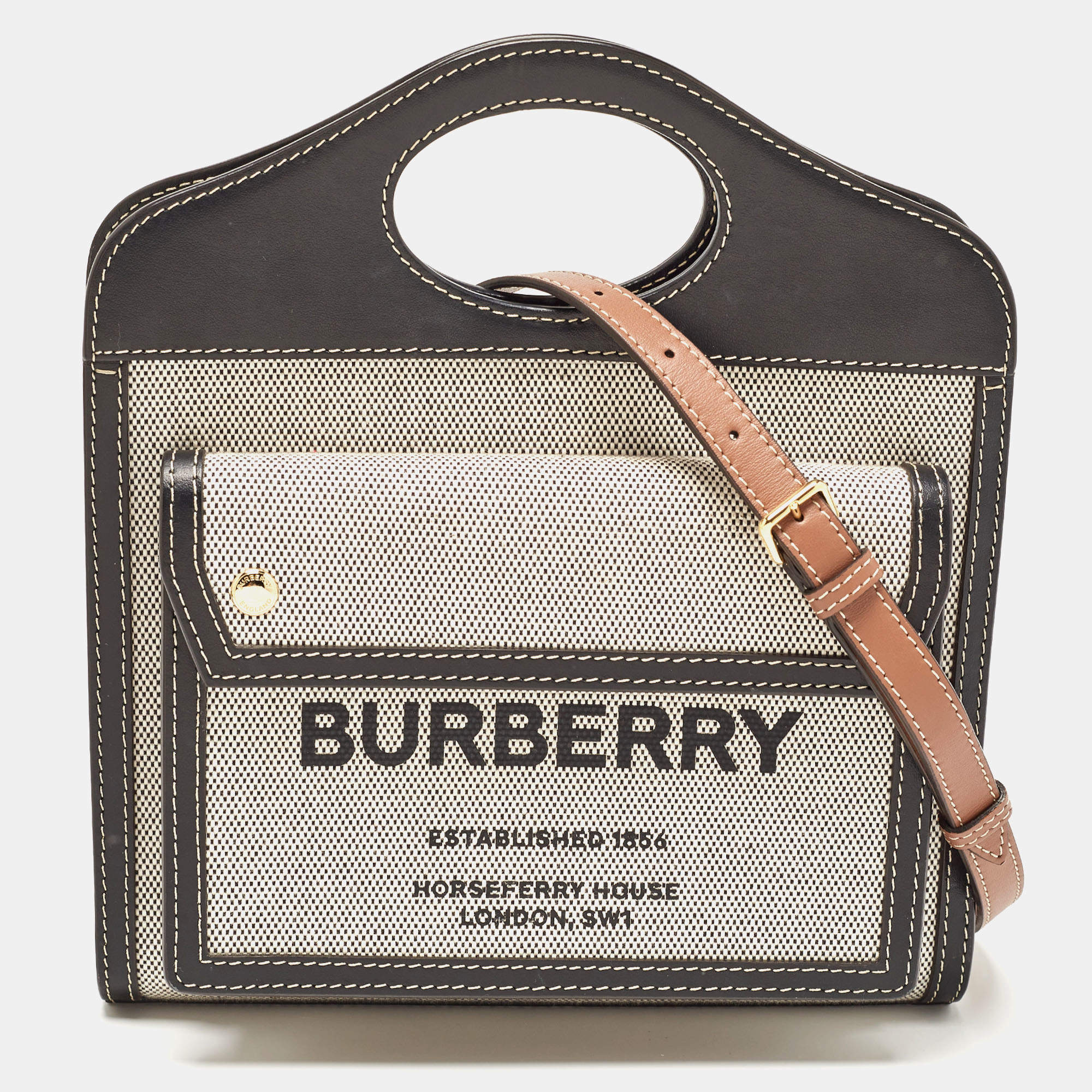 Pre Owned Burberry Black/Brown Leather and Canvas Mini Pocket Tote