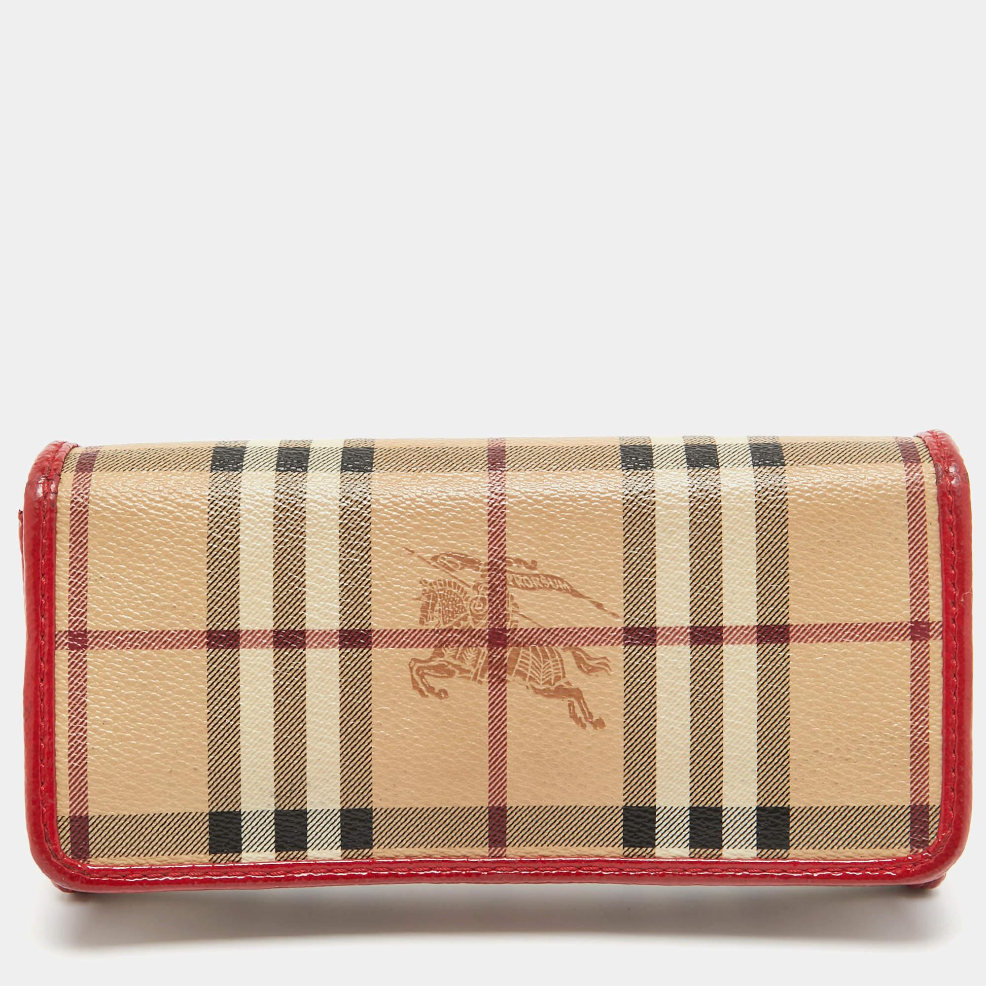 Pre Owned Burberry Red/Beige House Check Coated Canvas and Patent Leather Flap Continental Wallet