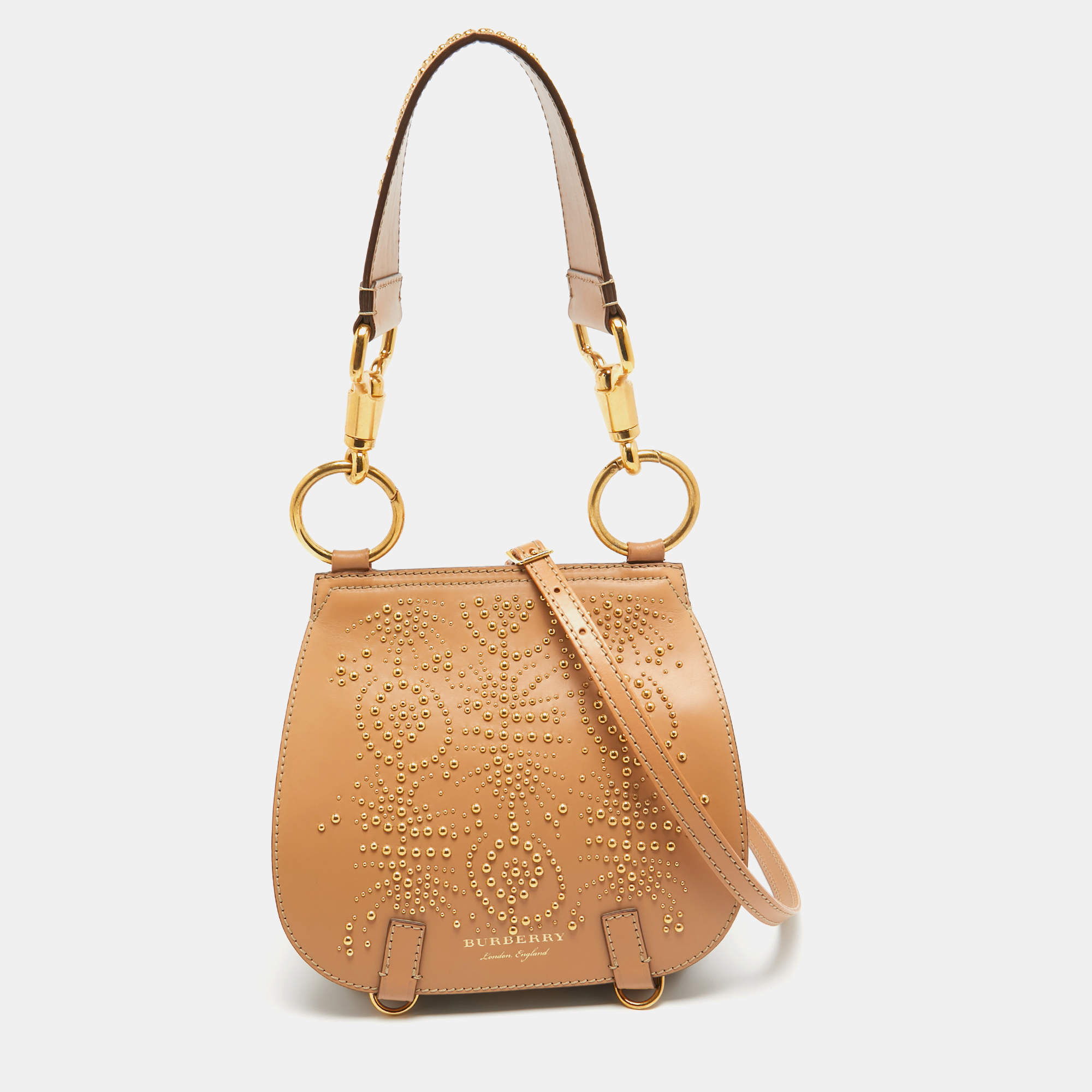 مملوكة مسبقًا Burberry Tan/Beige Leather and Hypermarket Coated Canvas Studded Bridle Bag