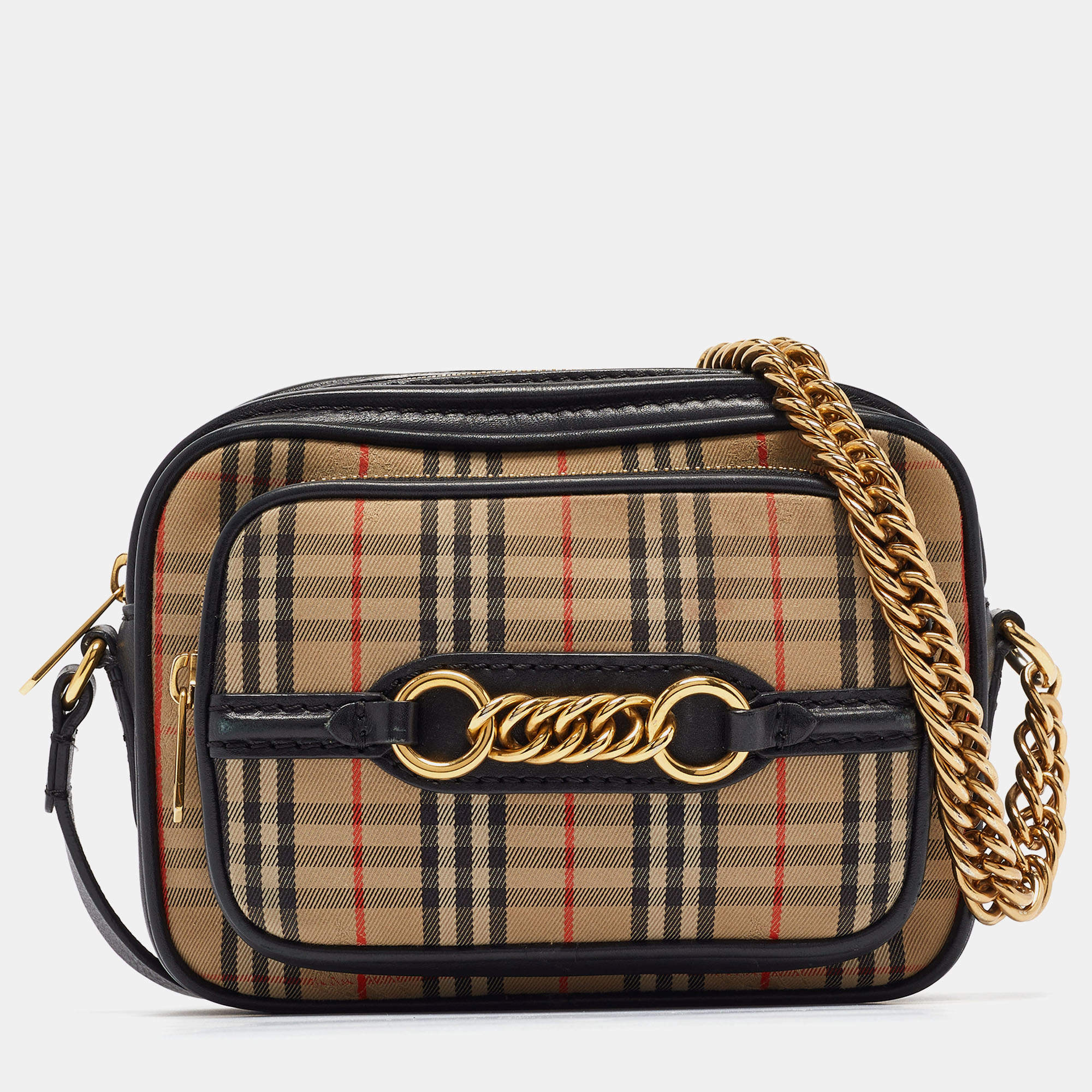 Pre Owned Burberry Black/Beige 1983 Knight Check Fabric and Leather Link Bum Belt Bag