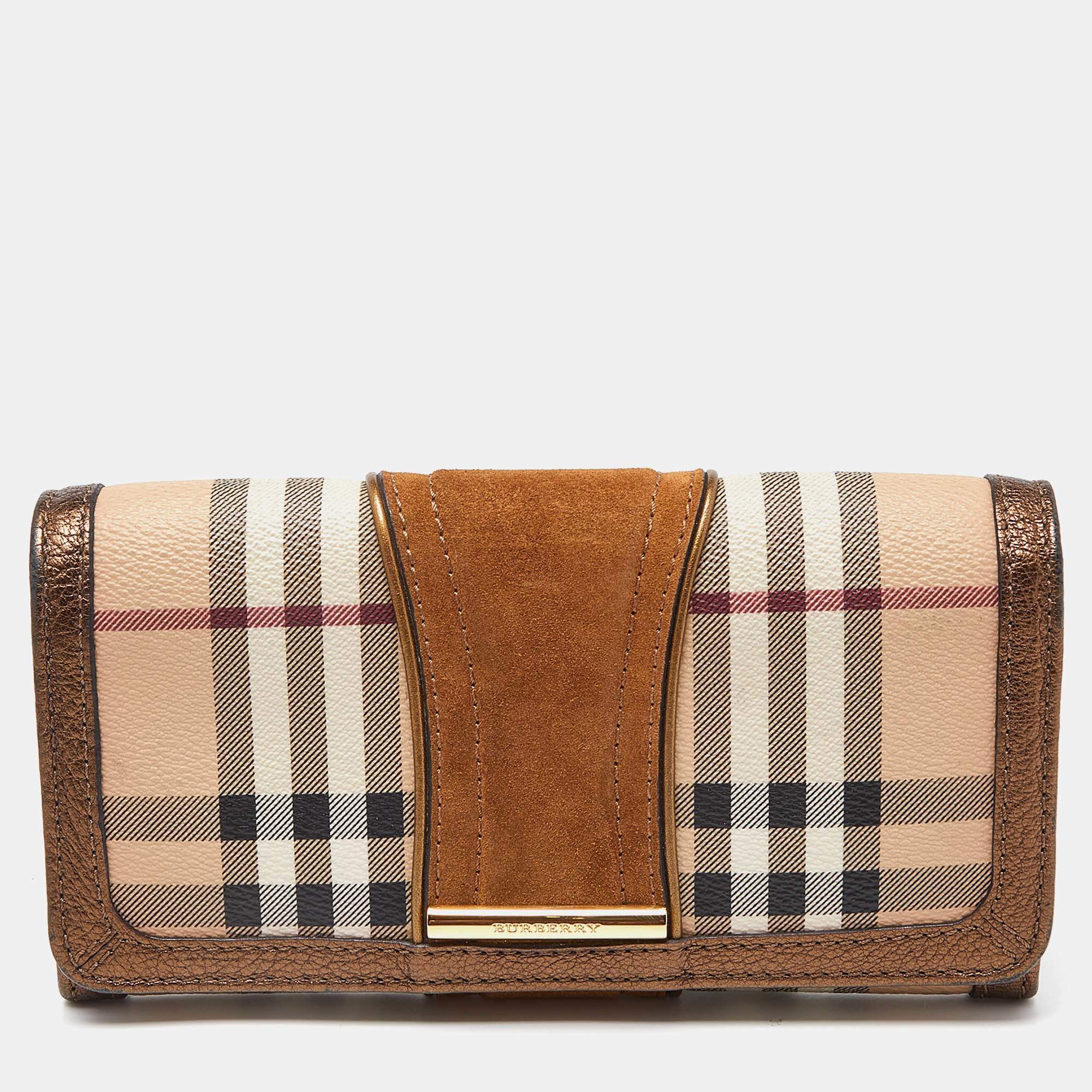 Pre Owned Burberry Beige/Metallic Nova Check PVC,Leather and Suede Flap Continental Wallet