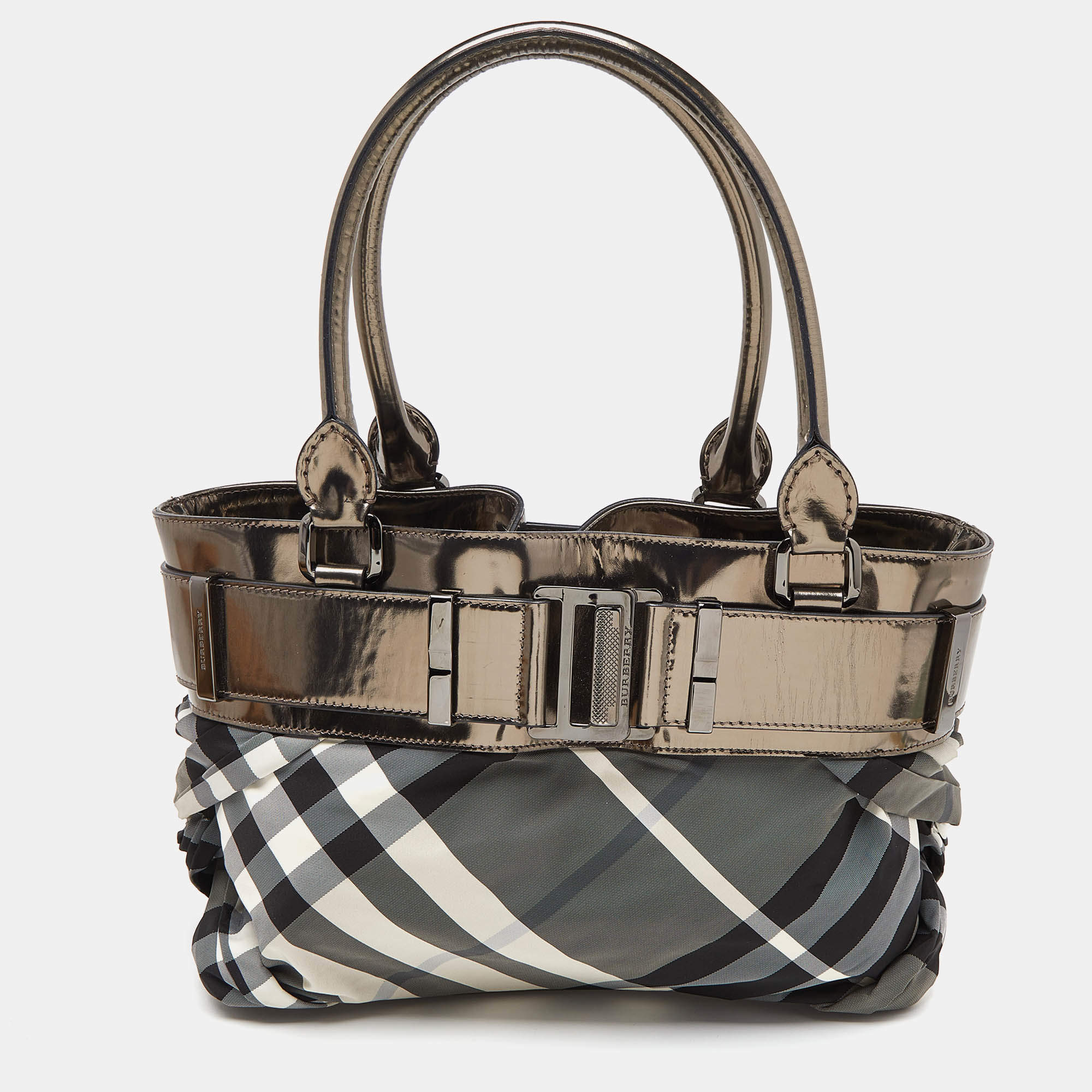Pre Owned Burberry Grey/Metallic Beat Check Nylon and Leather Easton Landscape Tote