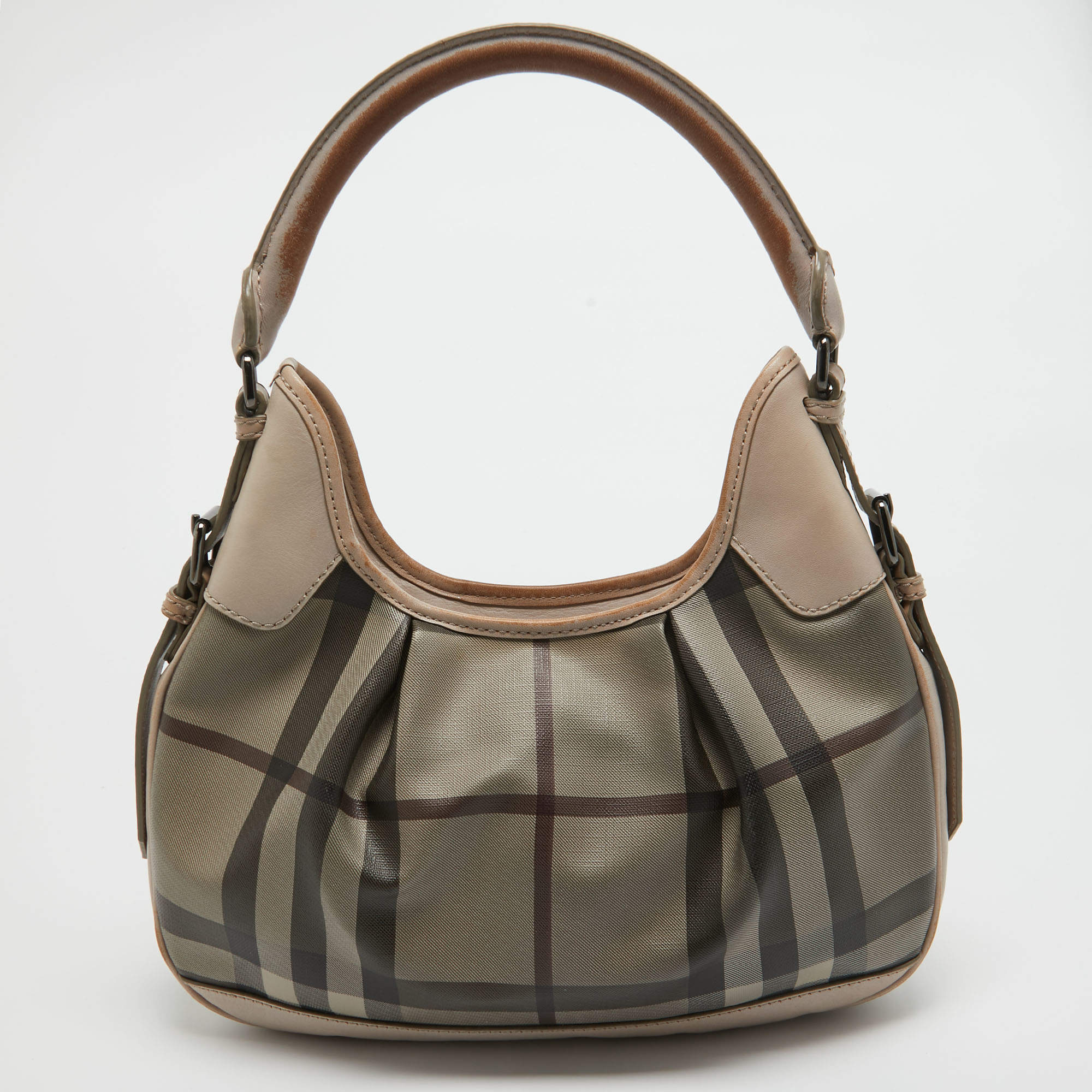 Pre Owned Burberry Smoked Check Coated Canvas and Leather Small Brooklyn Hobo