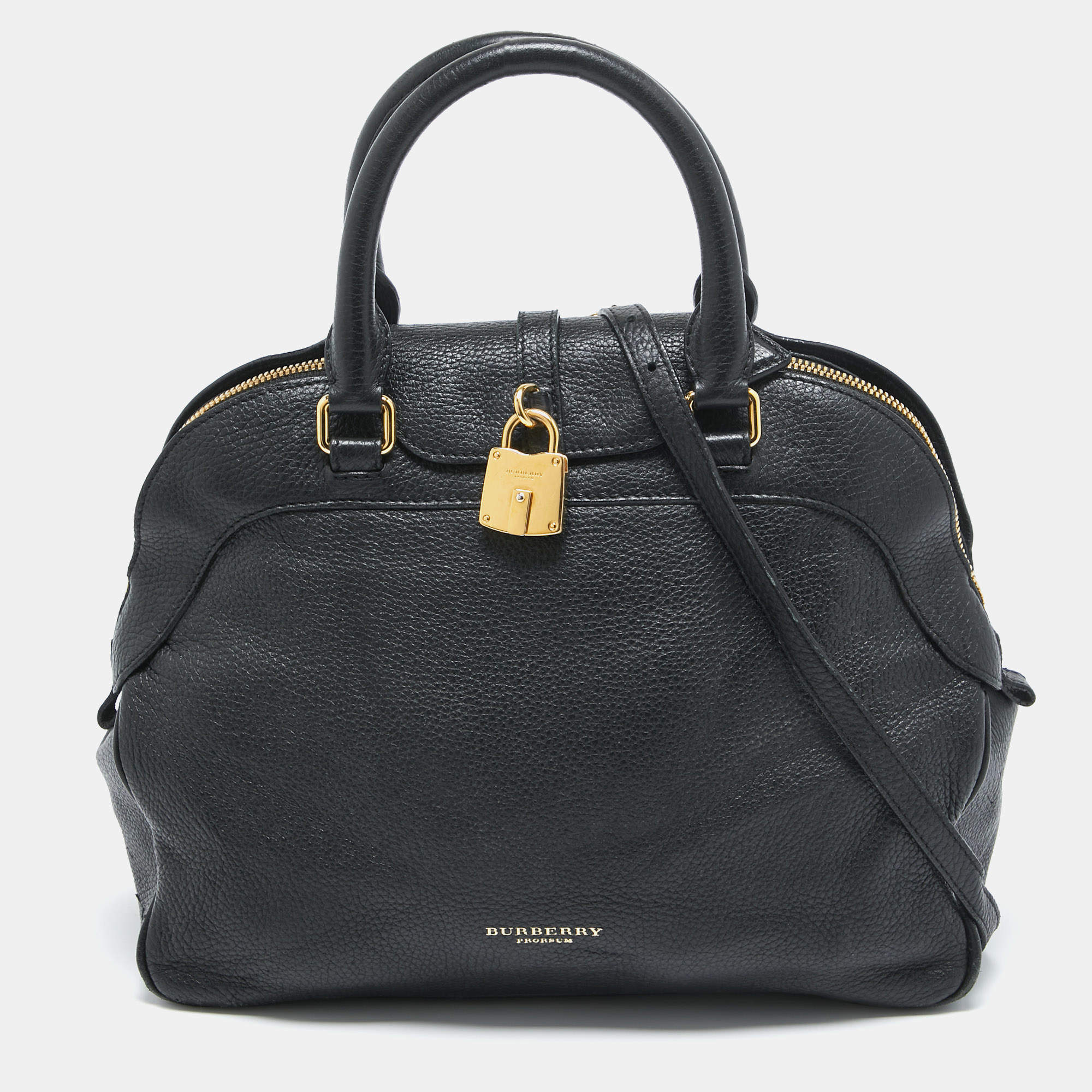 Pre Owned Burberry Black Leather Padlock Flap Satchel 