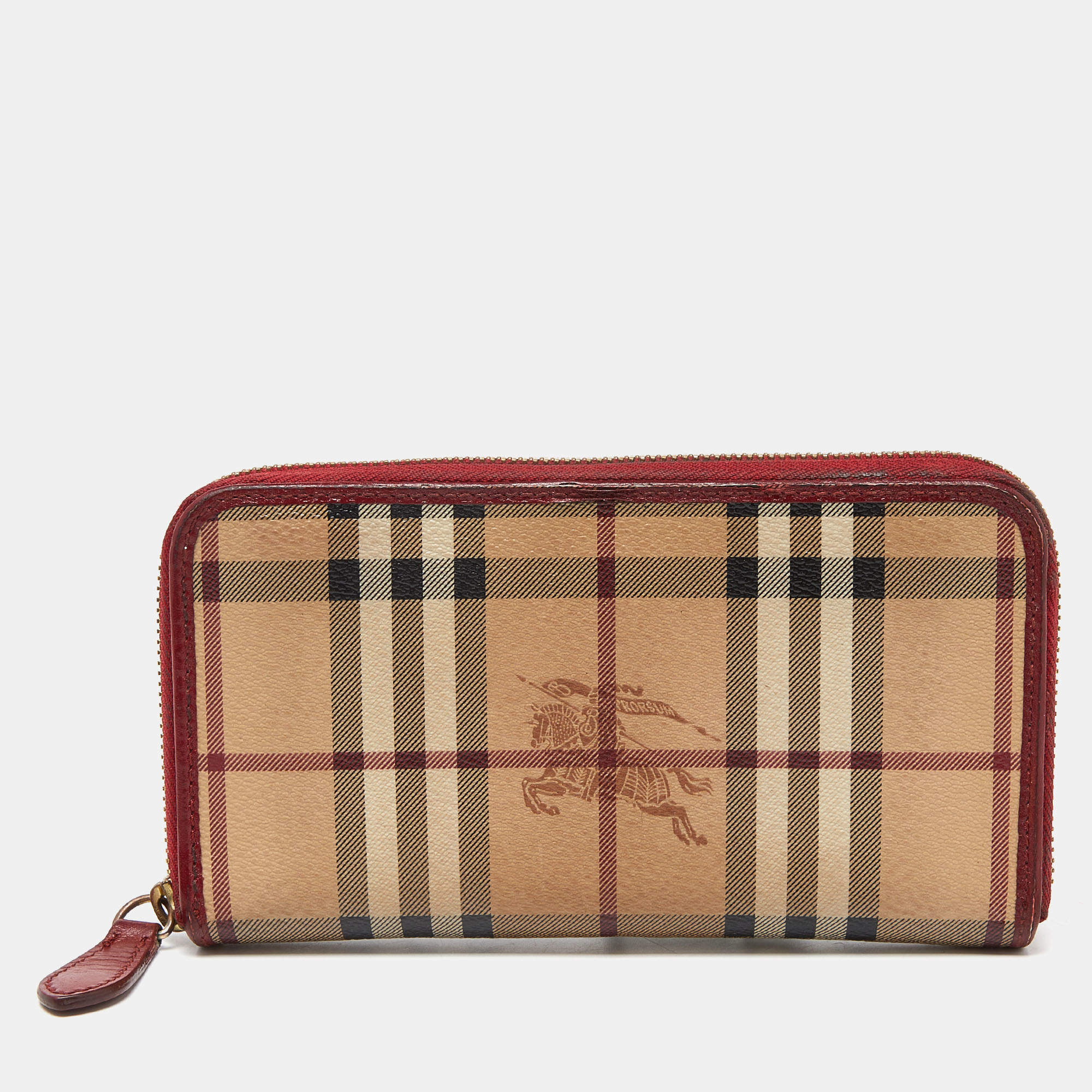 Pre Owned Burberry Beige/Red Haymarket Check Coated Canvas Zip Around Wallet