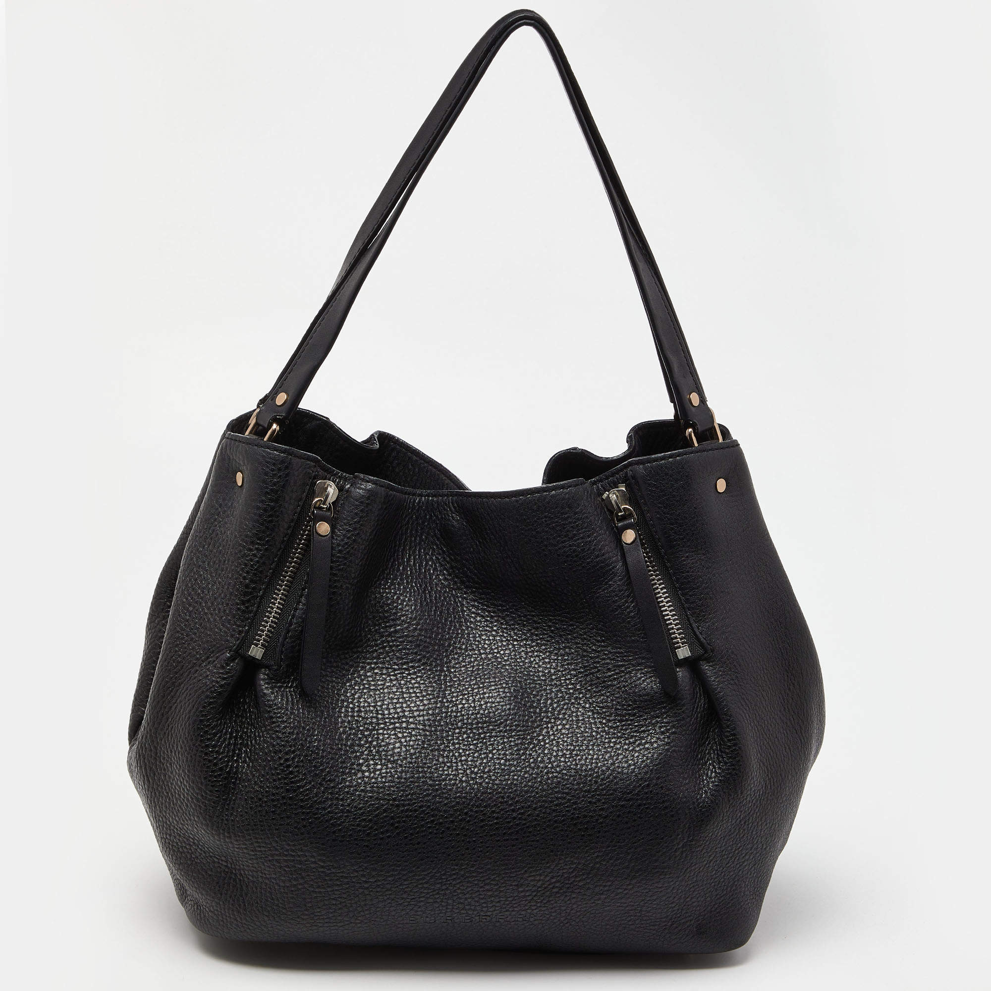 Pre Owned Burberry Black Grained Leather Medium Maidstone Tote